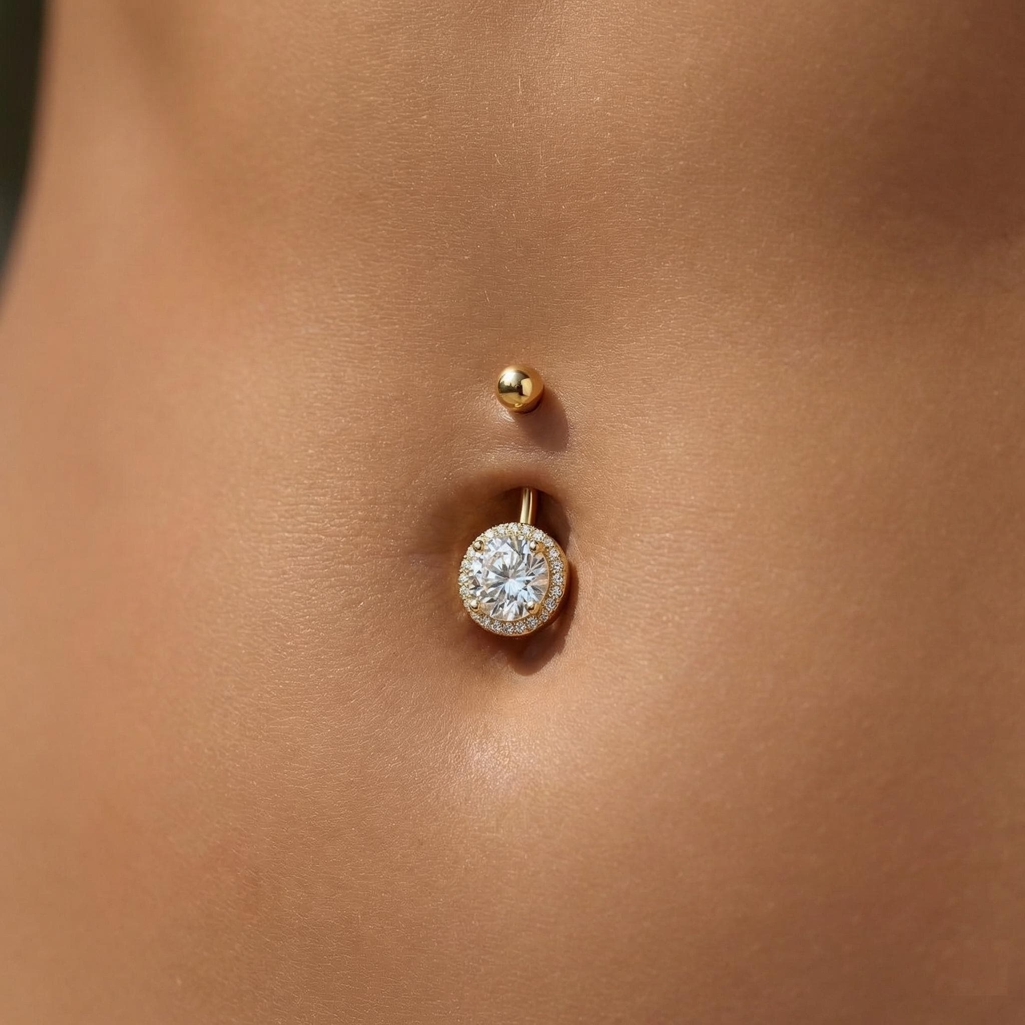 10K Solid Gold Belly Ring - Cubic zirconia, Yellow gold, Solid gold