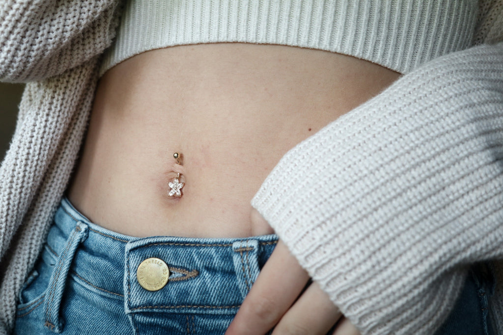 14K Solid Gold Flower Belly Ring - Cubic zirconia, Yellow gold, Solid gold
