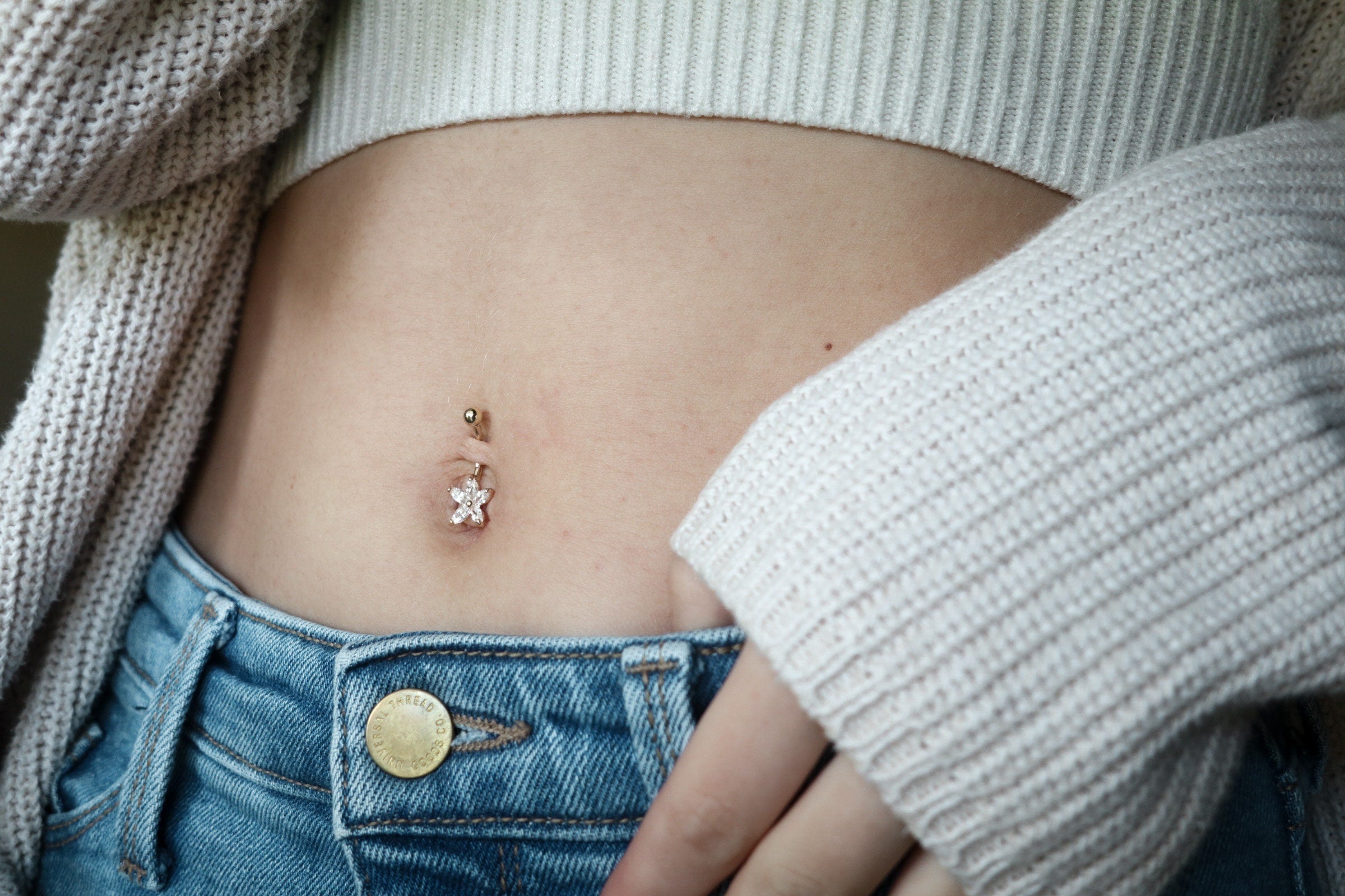 14K Solid Gold Flower Belly Ring - Cubic zirconia, Yellow gold, Solid gold