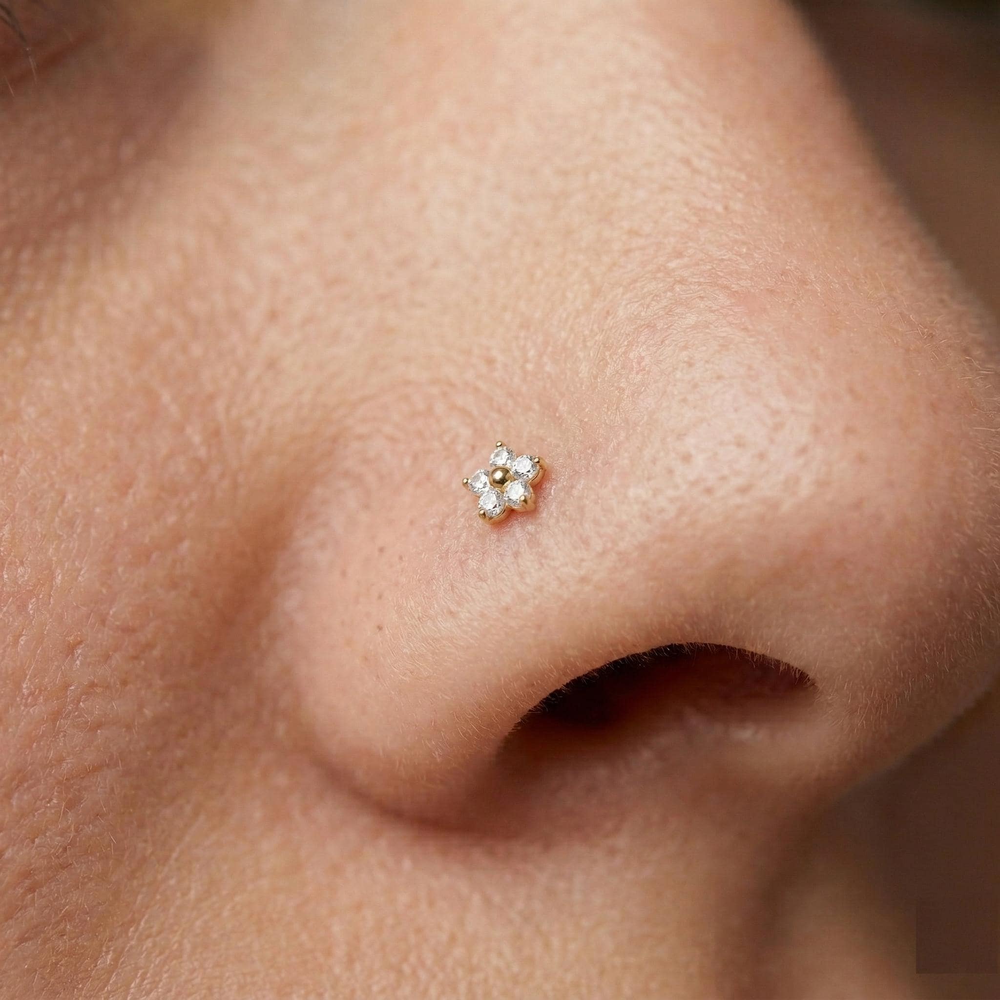 14K Solid Gold Nose Stud - Cubic zirconia, Yellow gold, Solid gold