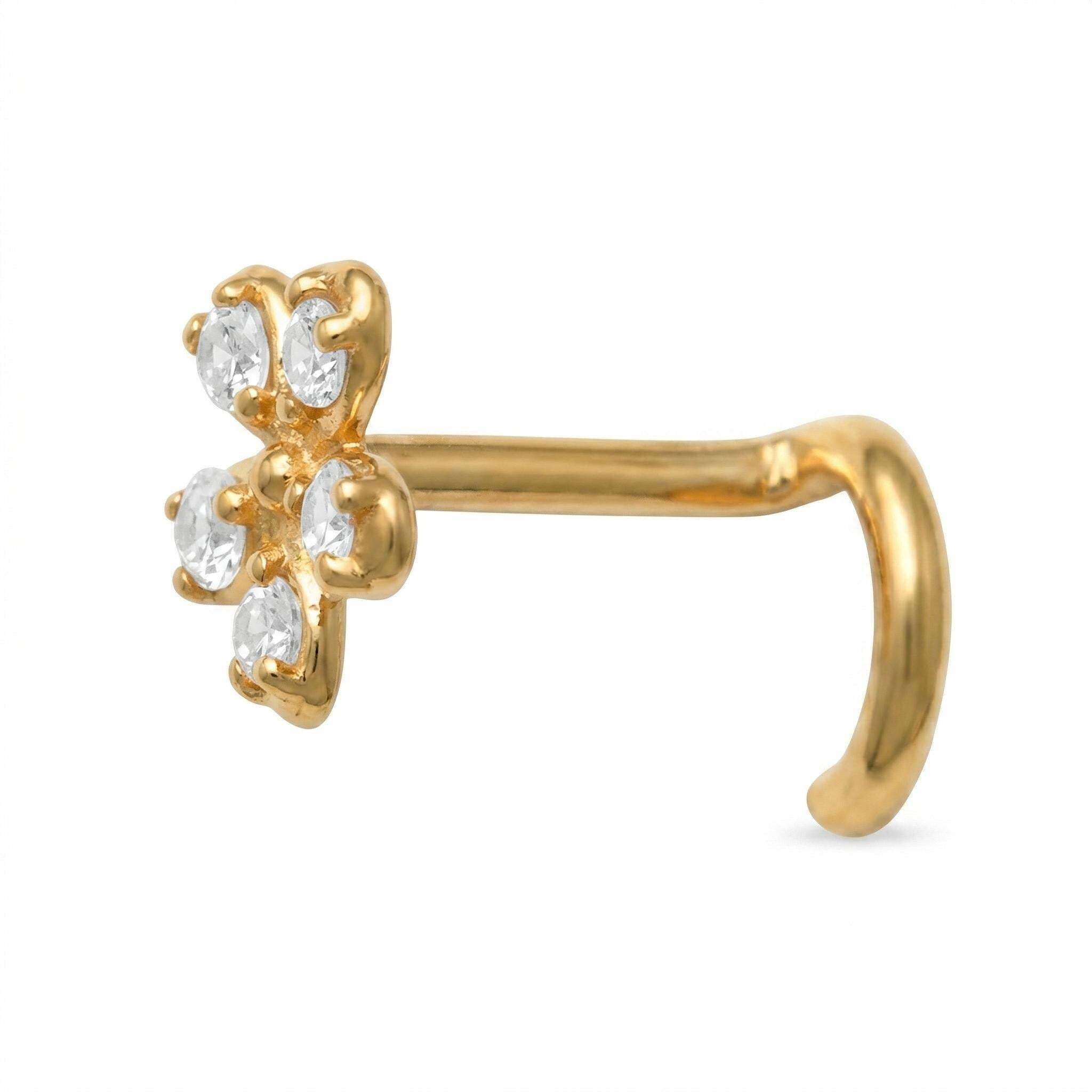 14K Solid Gold Flower Nose Stud - Cubic zirconia, Yellow gold, Solid gold