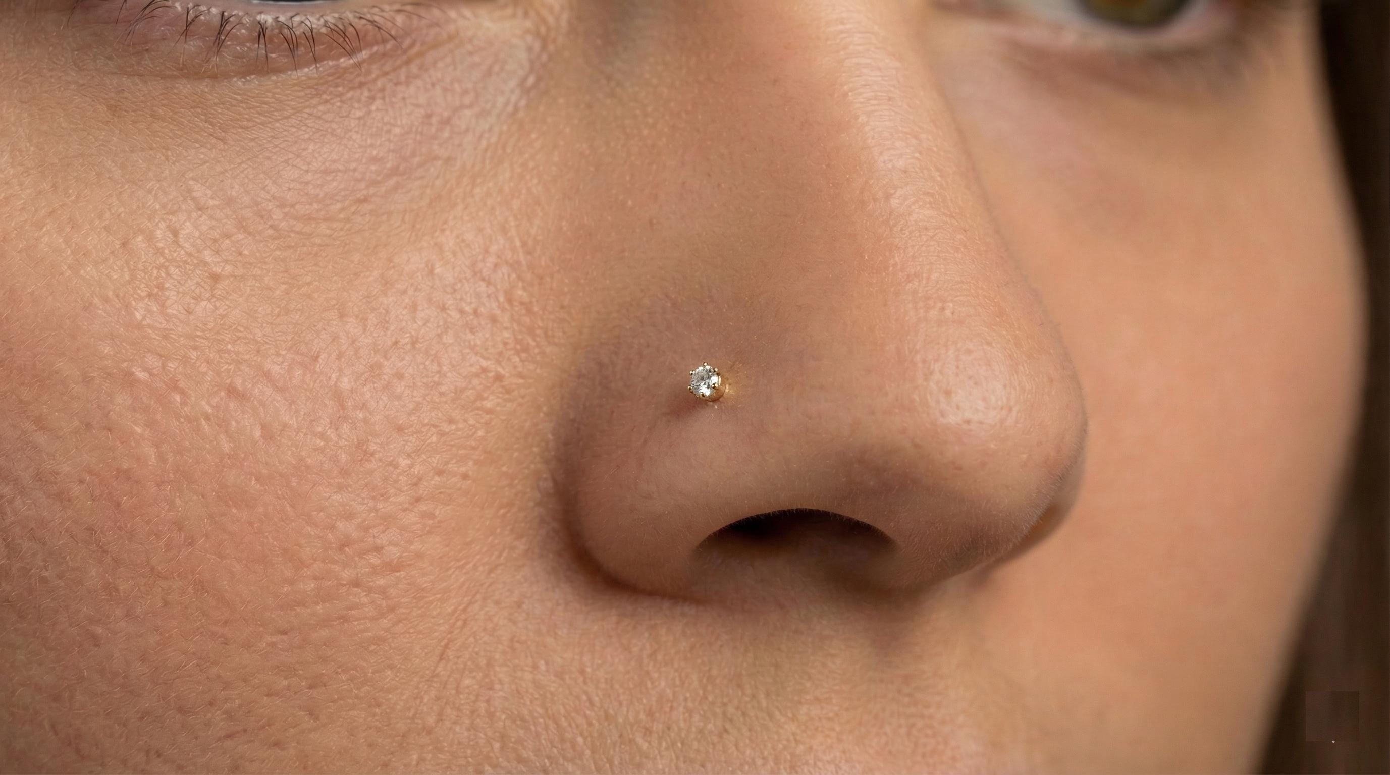 14K Solid Gold Nose Stud - Cubic zirconia, Yellow gold, Solid gold - White CZ