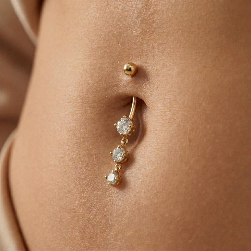 10K Solid Gold Dangle Belly Ring - Cubic zirconia, Yellow gold, Solid gold