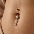 10K Solid Gold Dangle Belly Ring - Cubic zirconia, Yellow gold, Solid gold