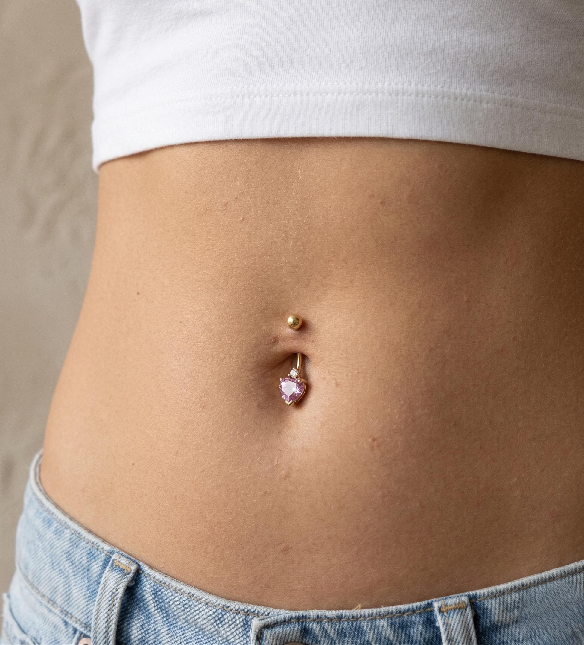 10K Solid Gold Heart Belly Ring - Yellow gold, Solid gold, 10k - Amethyst CZ