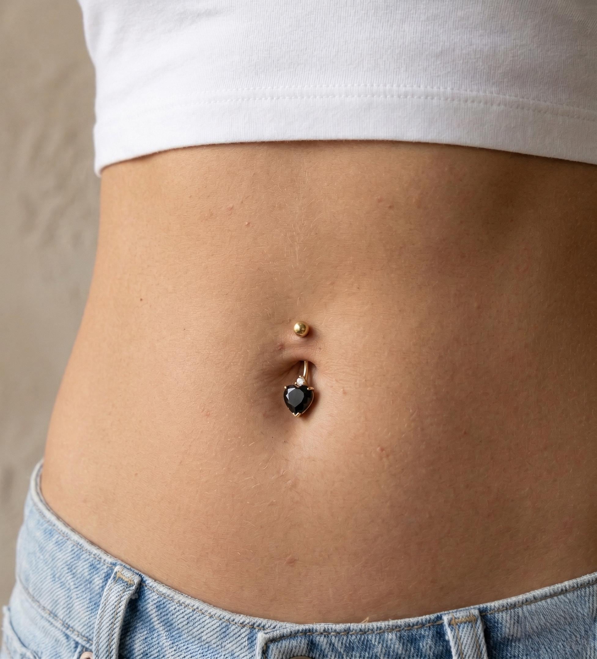 10K Solid Gold Heart Belly Ring - Yellow gold, Solid gold, 10k