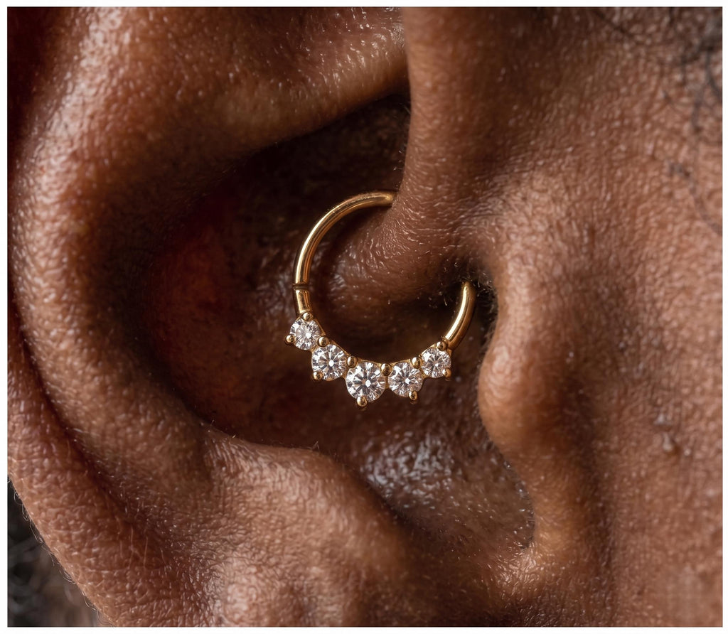 10K Solid Gold Daith Ring - Cubic zirconia, Yellow gold, Solid gold