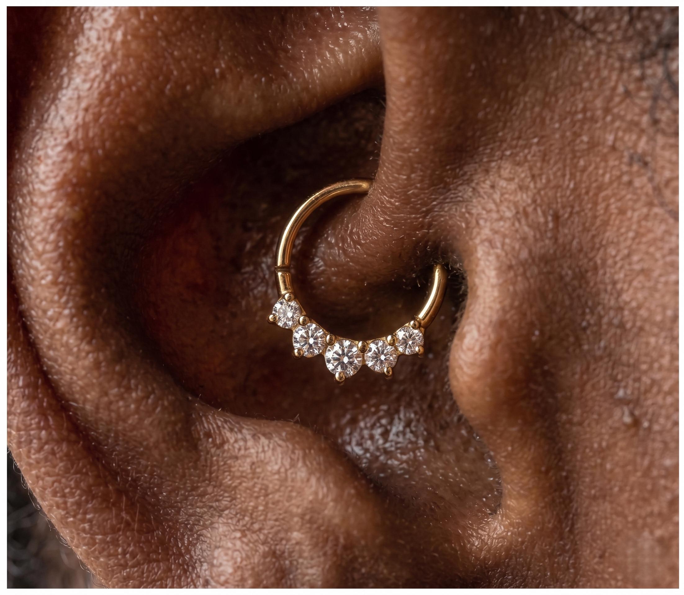 10K Solid Gold Daith Ring - Cubic zirconia, Yellow gold, Solid gold