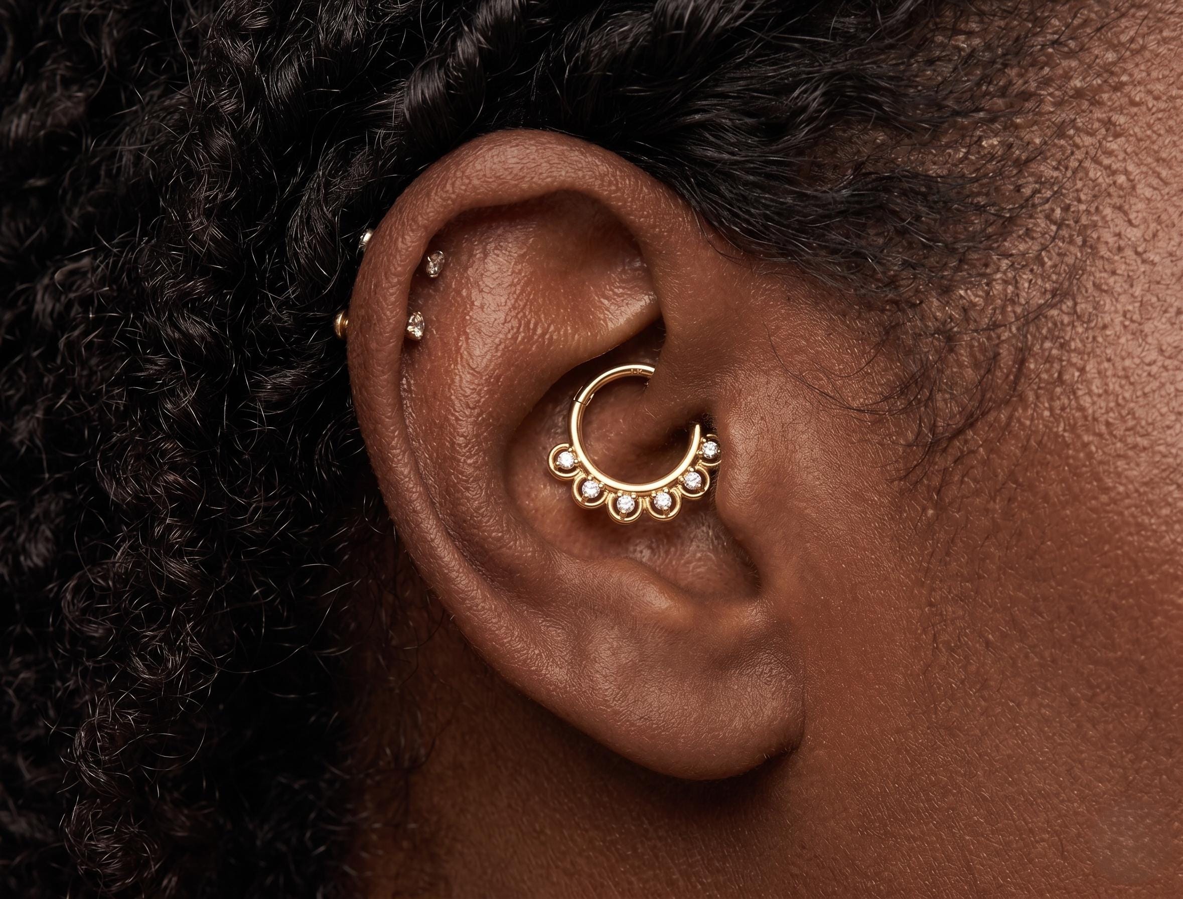 10K Solid Gold CZ Daith Ring - Cubic zirconia, Yellow gold, Solid gold