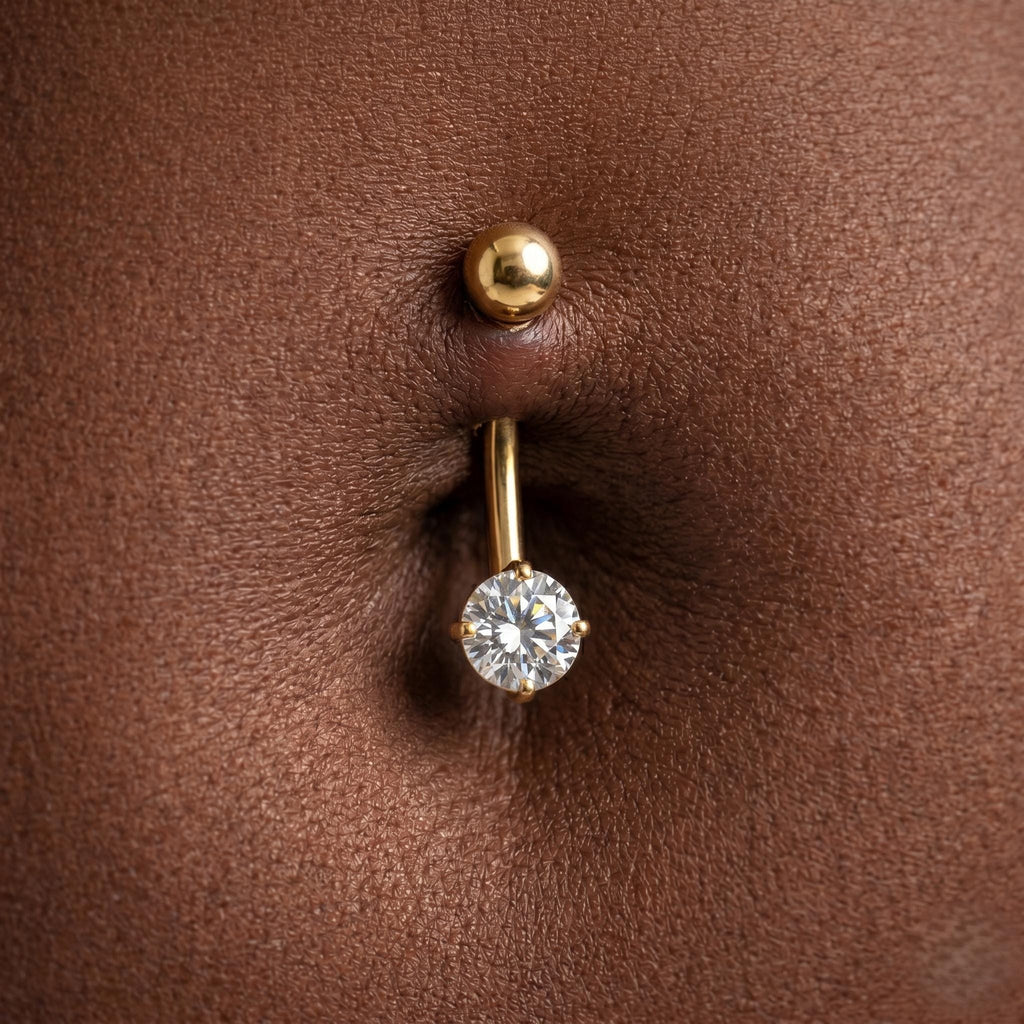 10K Solid Gold Belly Ring - Cubic zirconia, Yellow gold, Solid gold