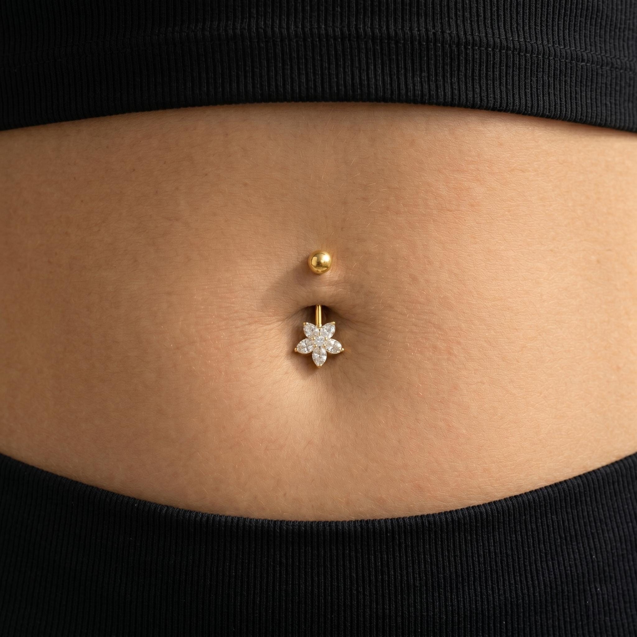10K Solid Gold Flower Belly Ring - Cubic zirconia, Yellow gold, Solid gold