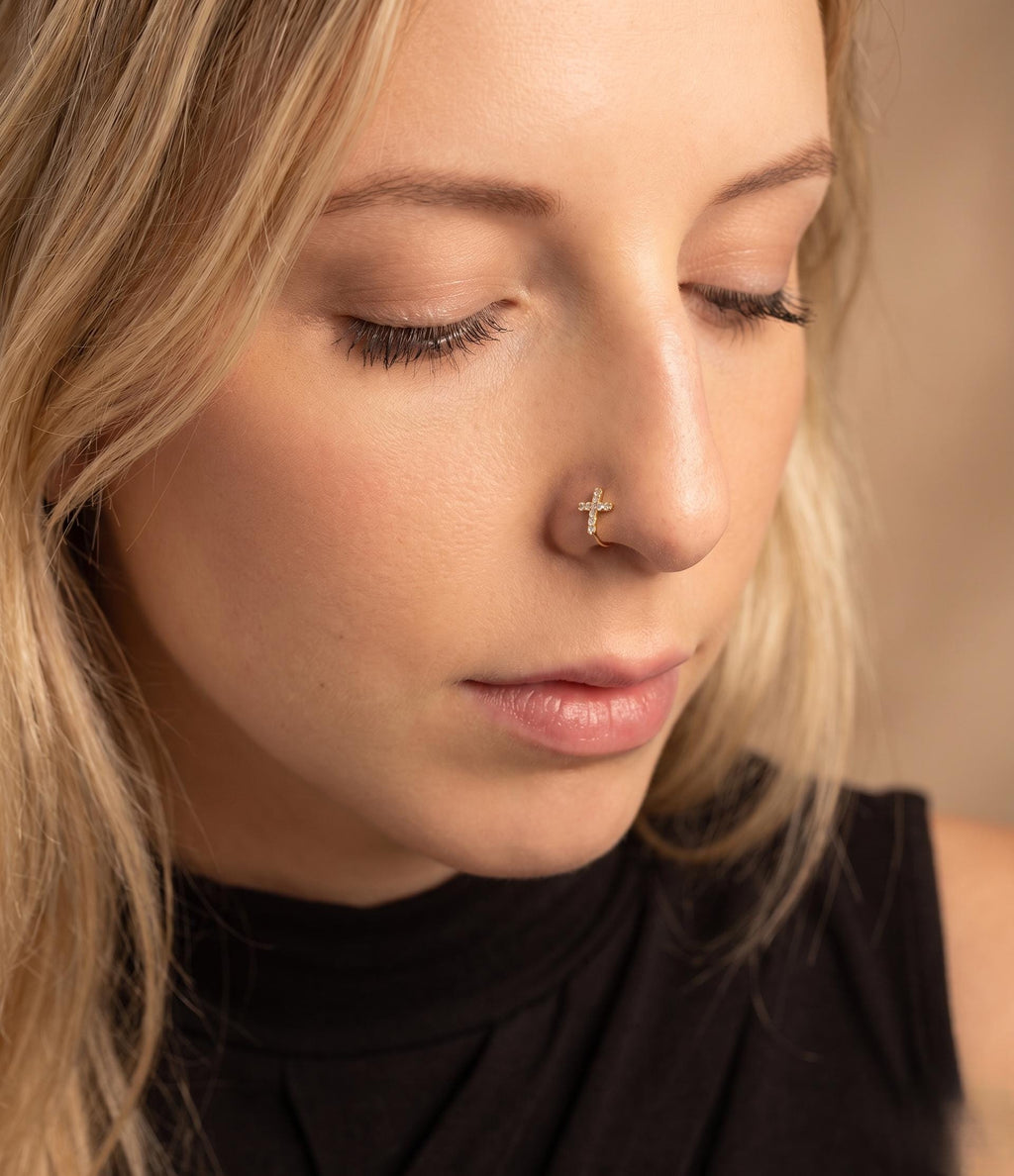 10K Solid Gold Cross Nose Stud - Cubic zirconia, Yellow gold, Solid gold