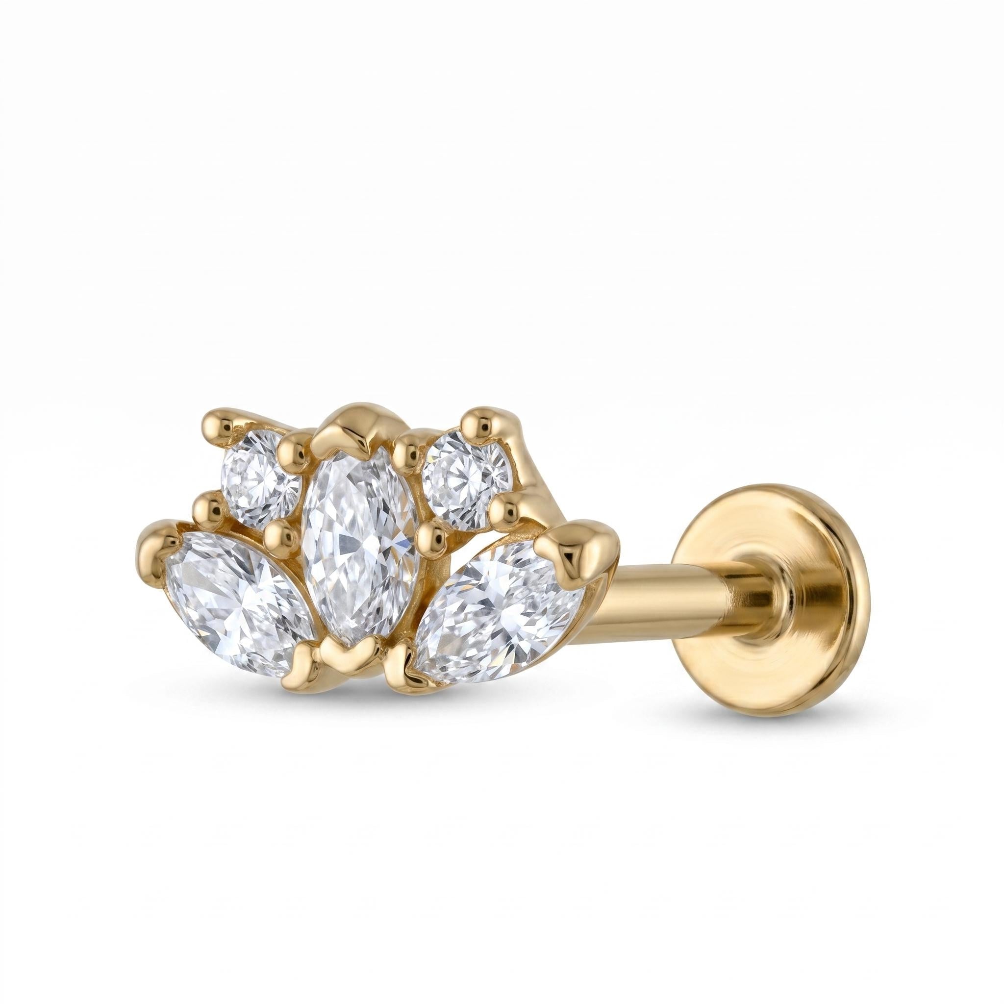 14K Solid Gold Flat Back Earring - Cubic zirconia, Yellow gold, Solid gold