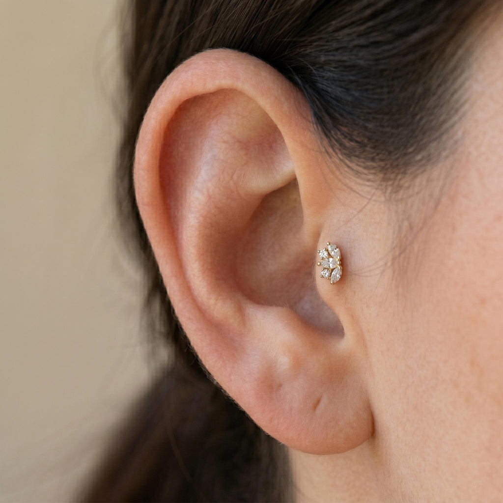 14K Solid Gold Flat Back Earring - Cubic zirconia, Yellow gold, Solid gold