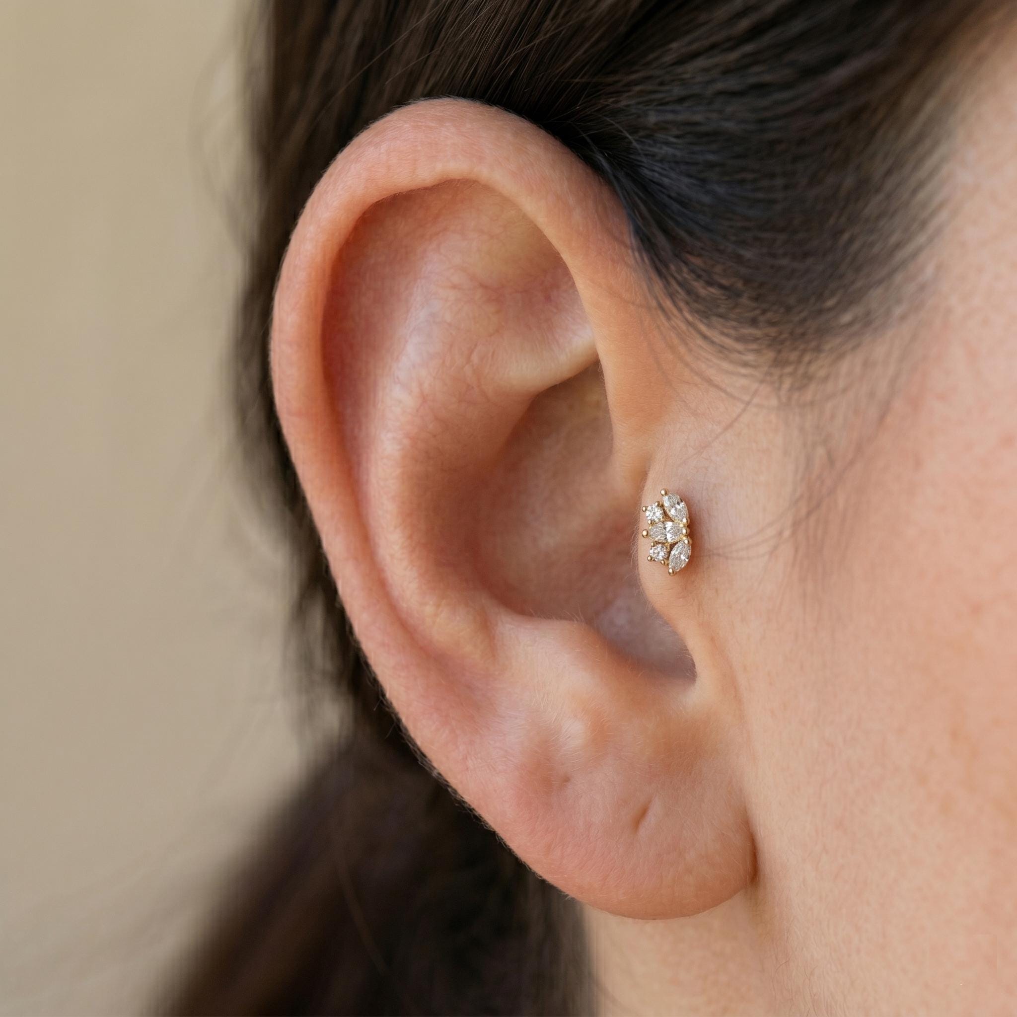 14K Solid Gold Flat Back Earring - Cubic zirconia, Yellow gold, Solid gold
