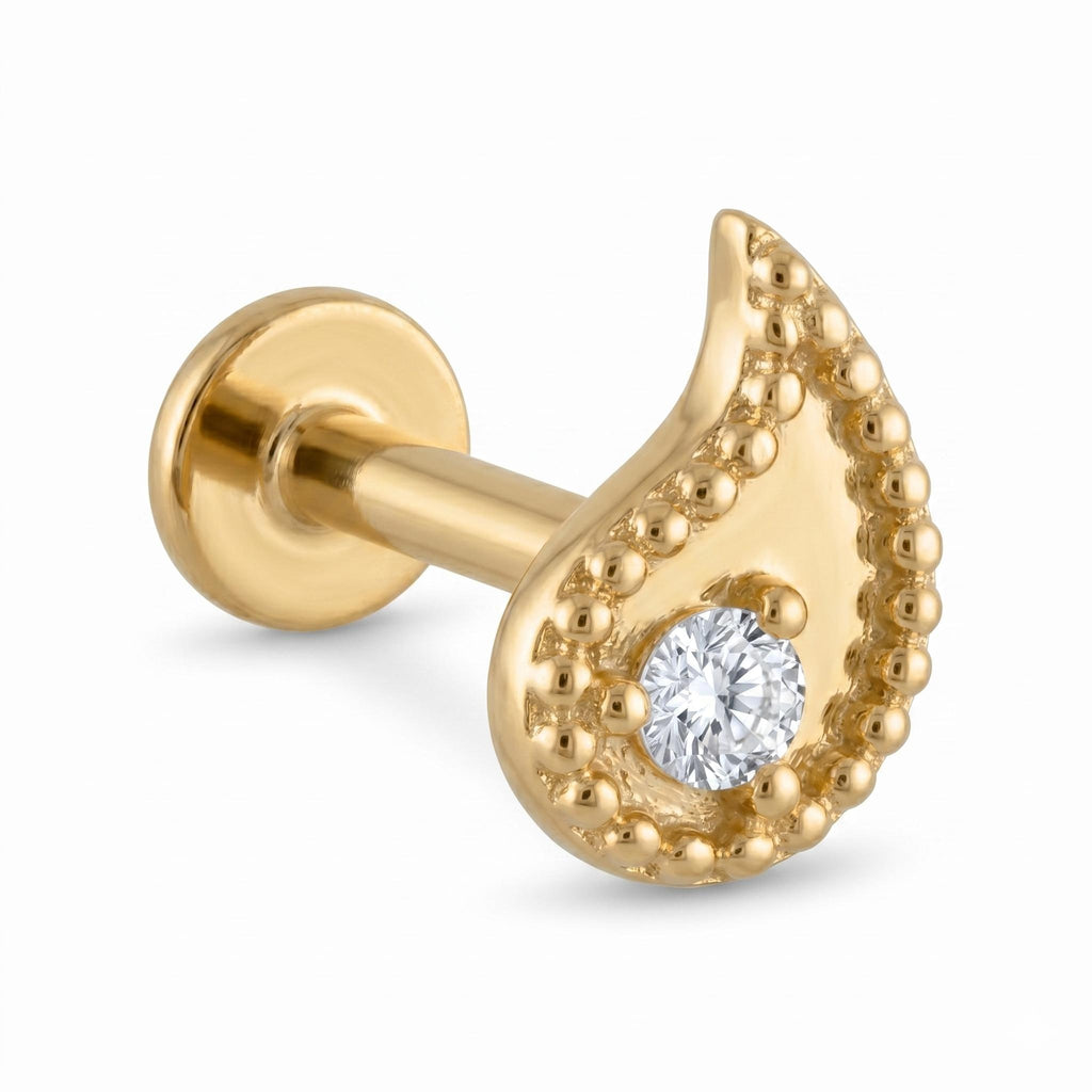 14K Solid Gold Flat Back Earring - Cubic zirconia, Yellow gold, Solid gold