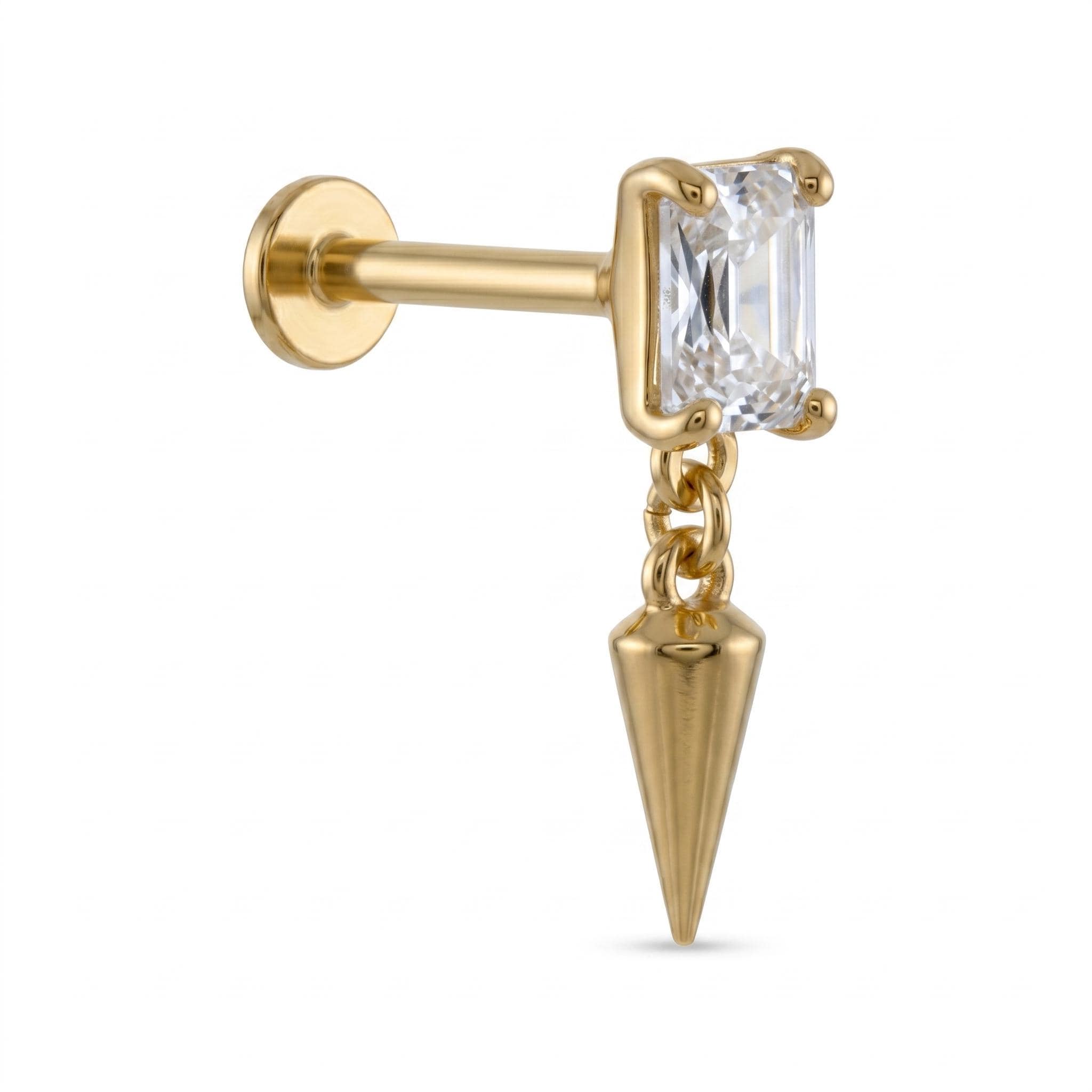 14K Solid Gold Flat Back Earring - Cubic zirconia, Yellow gold, Solid gold