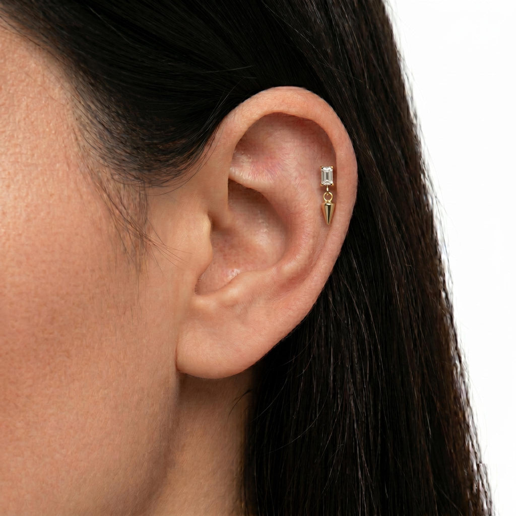 14K Solid Gold Flat Back Earring - Cubic zirconia, Yellow gold, Solid gold