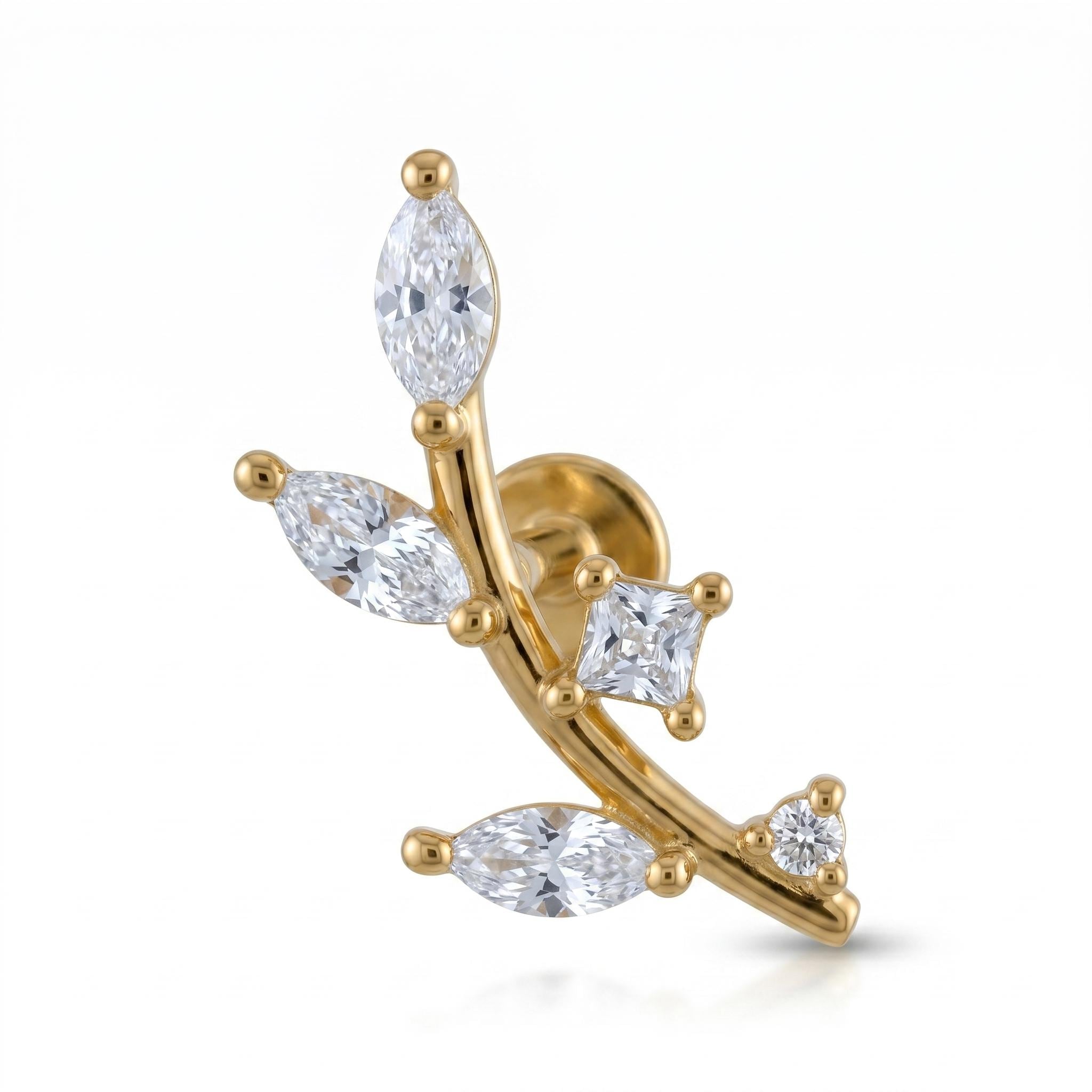 14K Solid Gold Flat Back Earring - Cubic zirconia, Yellow gold, Solid gold