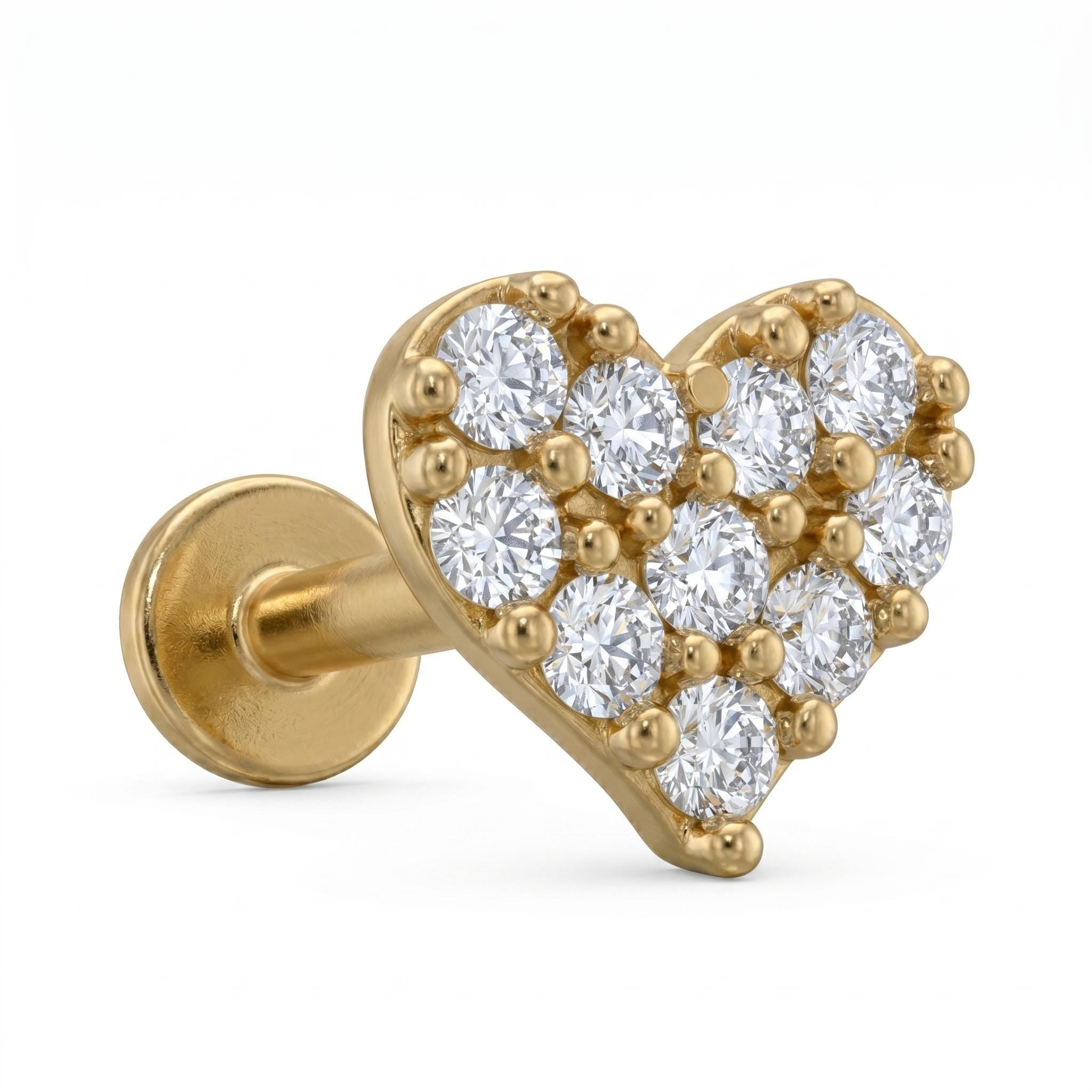 14K Solid Gold Flat Back Heart Earring - Cubic zirconia, Yellow gold, Solid gold