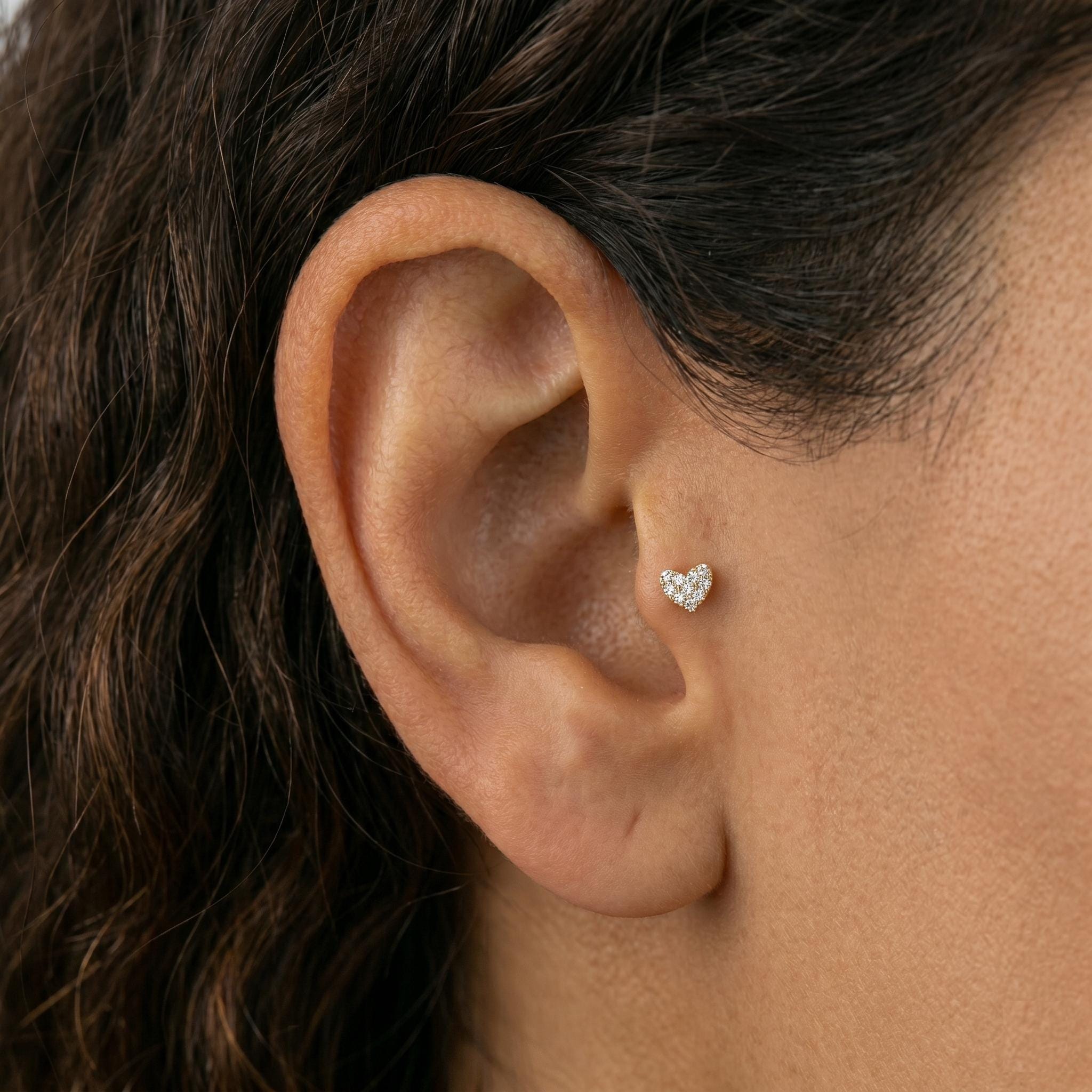 14K Solid Gold Flat Back Heart Earring - Cubic zirconia, Yellow gold, Solid gold