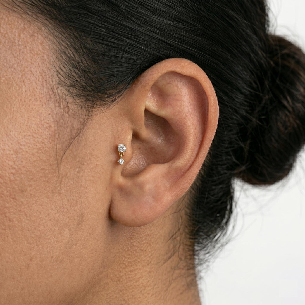 14K Solid Gold CZ Dangle Flat Back Earring - Cubic zirconia, Yellow gold, Solid gold