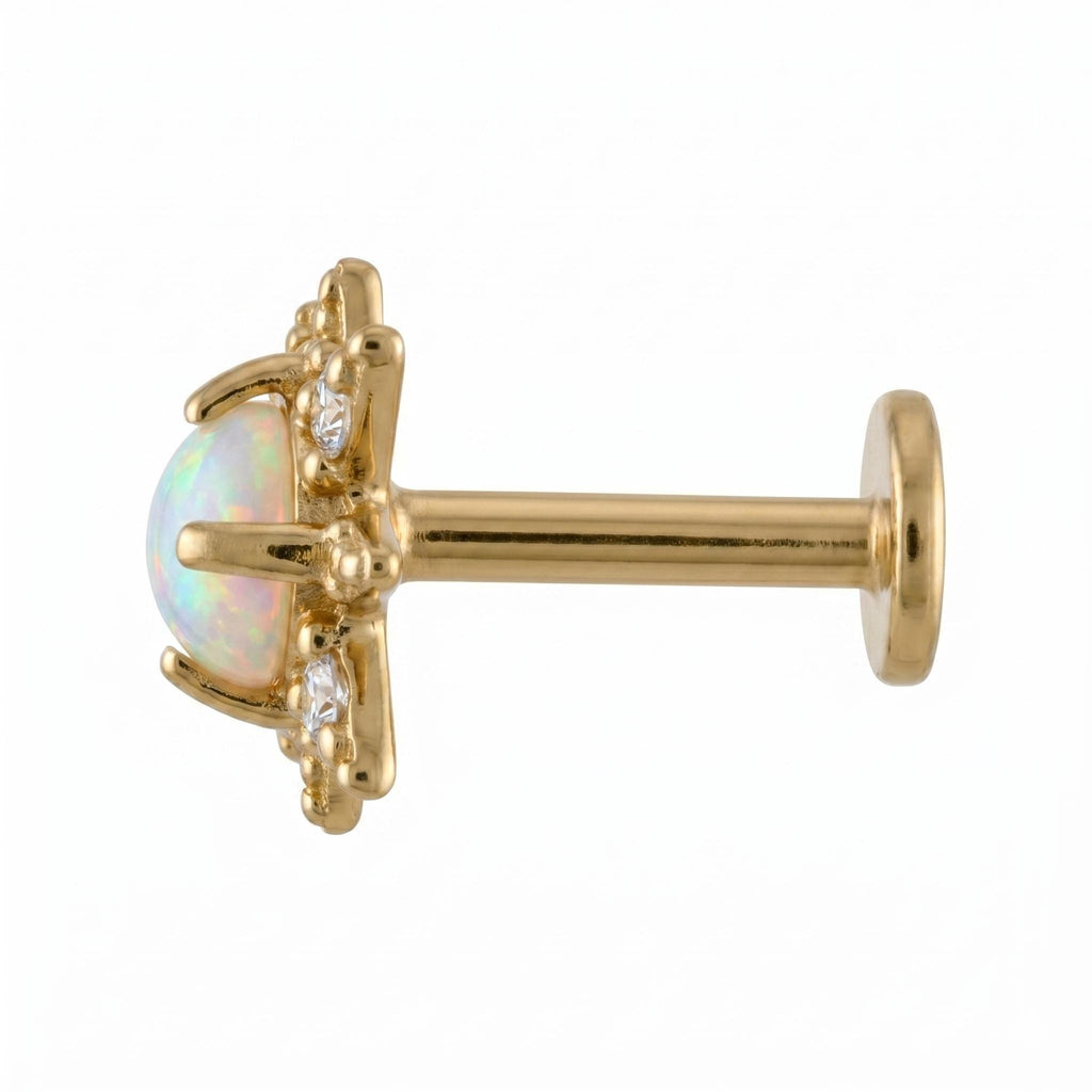 14K Solid Gold Opal CZ Starburst Flat Back Earring - Opal, Yellow gold, Solid gold
