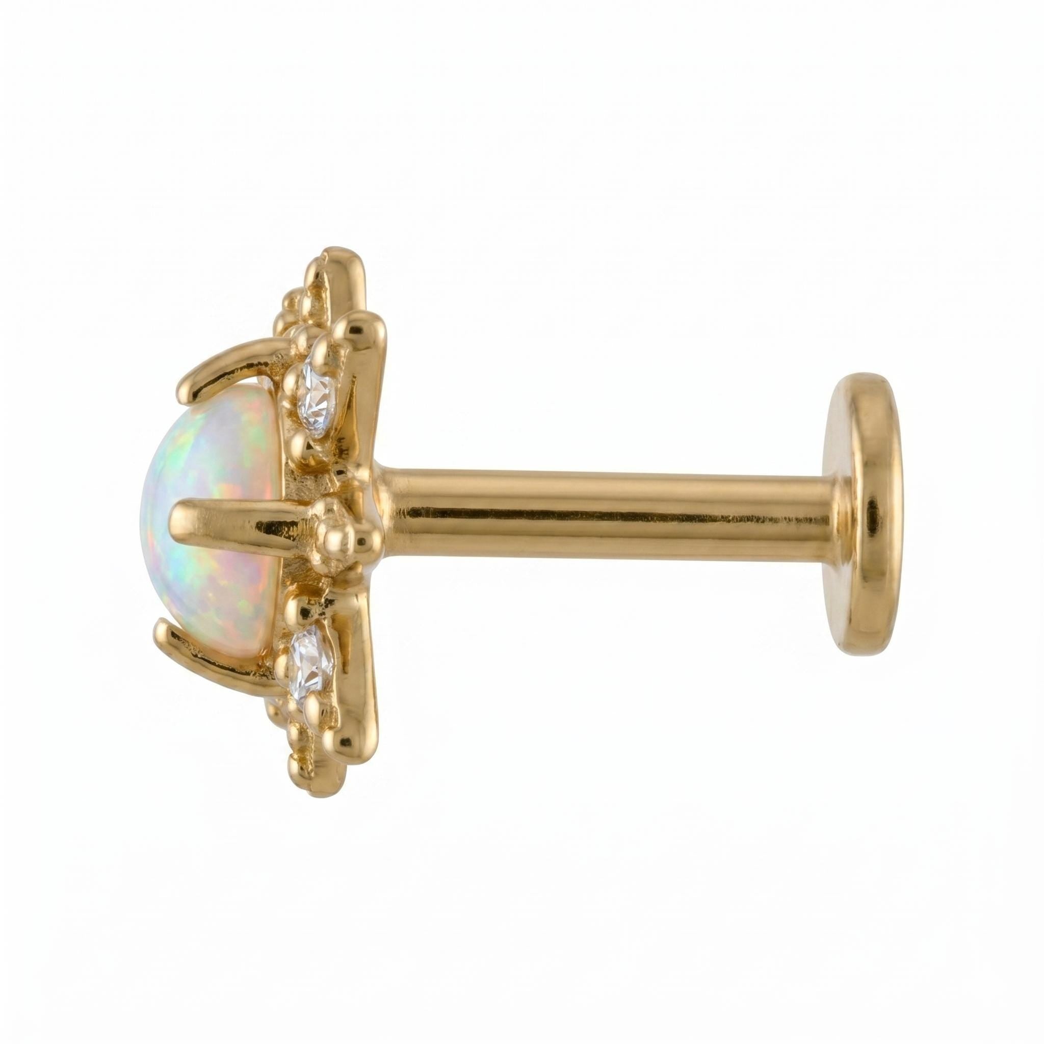 14K Solid Gold Opal CZ Starburst Flat Back Earring - Opal, Yellow gold, Solid gold