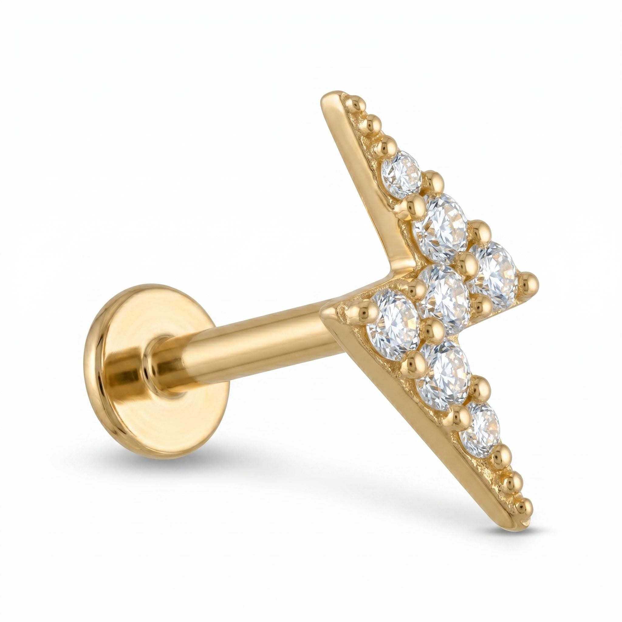 14K Solid Gold Lightning Bolt CZ Flat Back Earring - Cubic zirconia, Yellow gold, Solid gold