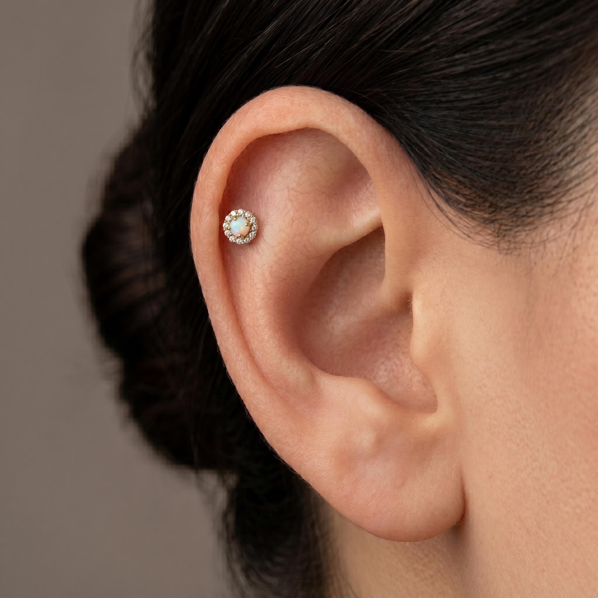 14K Solid Gold Opal Halo CZ Flat Back Earring - Opal, Yellow gold, Solid gold