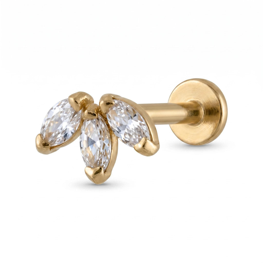 14K Solid Gold Marquise CZ Leaf Flat Back Earring - Cubic zirconia, Yellow gold, Solid gold
