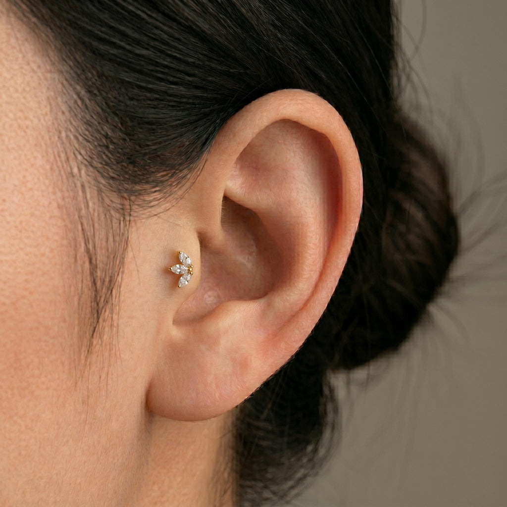 14K Solid Gold Marquise CZ Leaf Flat Back Earring - Cubic zirconia, Yellow gold, Solid gold