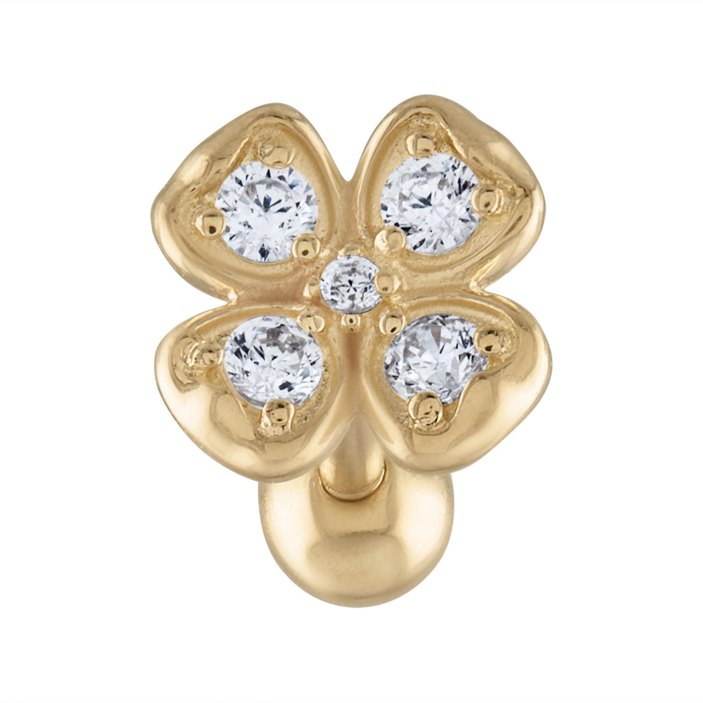14K Solid Gold Clover Cartilage - Cubic zirconia, Yellow gold, Solid gold