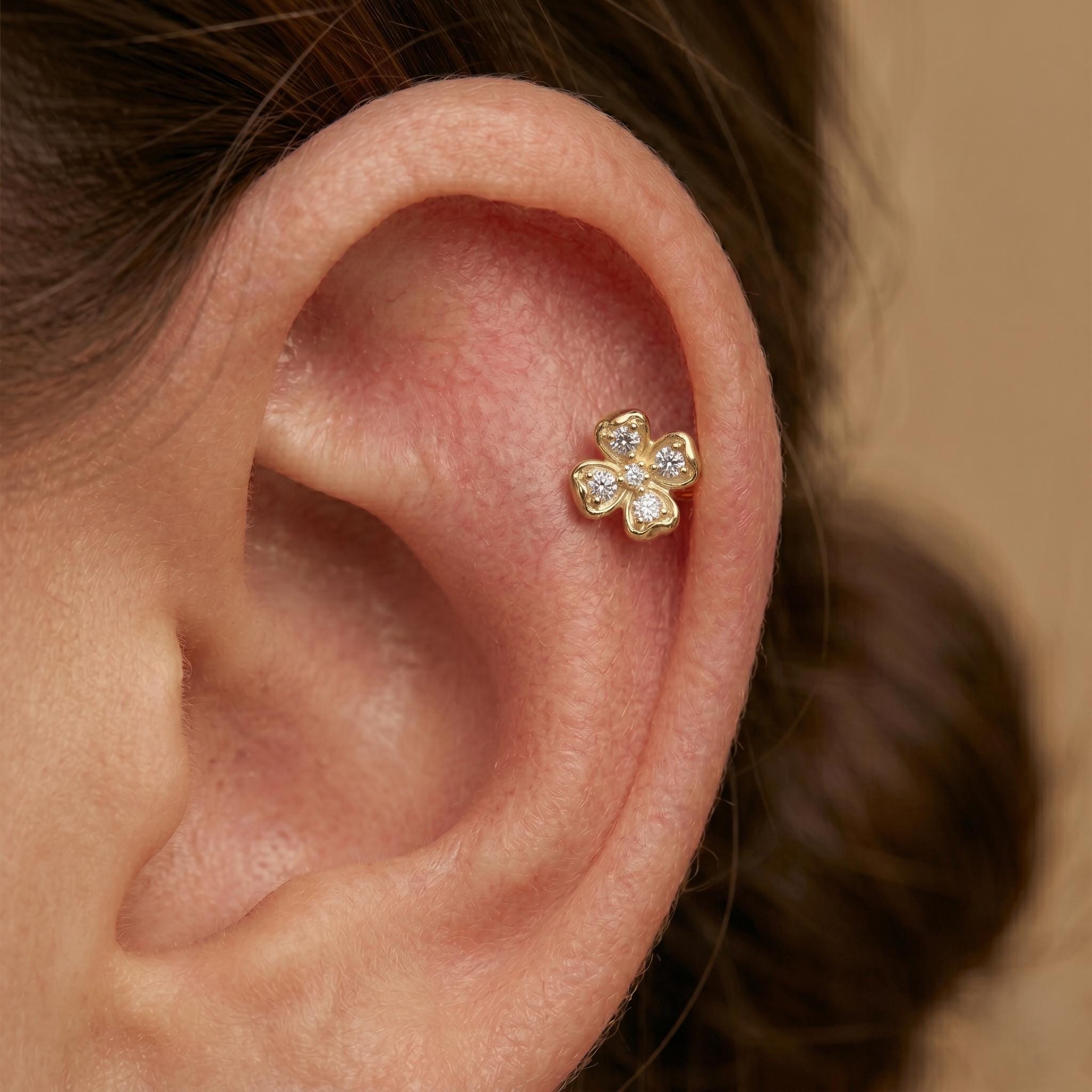 14K Solid Gold Clover Cartilage - Cubic zirconia, Yellow gold, Solid gold