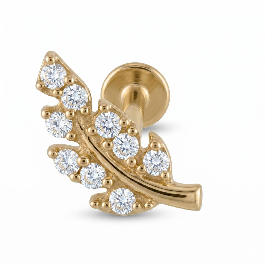 14K Solid Gold CZ Leaf Flat Back Earring - Cubic zirconia, Yellow gold, Solid gold