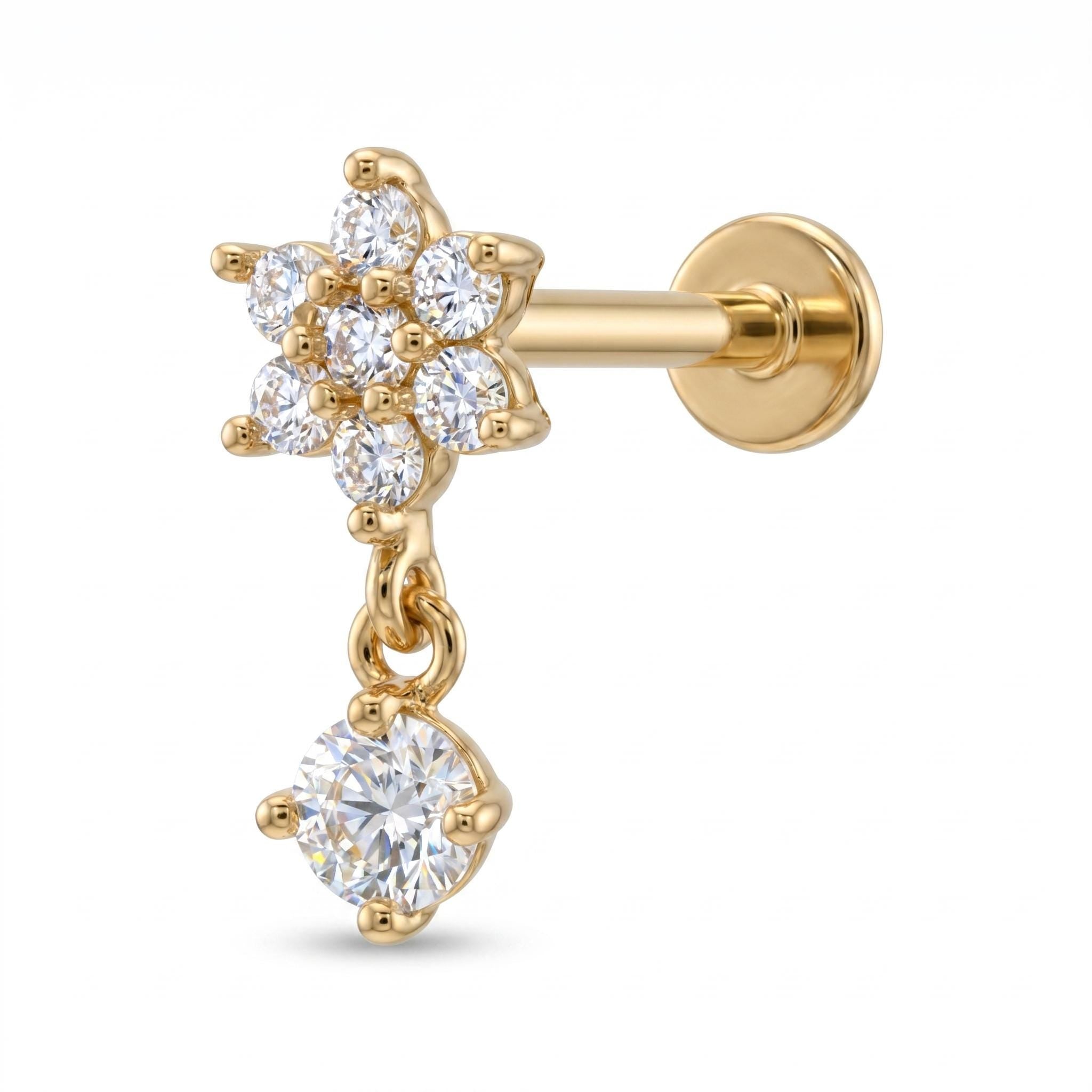 14K Solid Gold CZ Cluster Dangle Flat Back Earring - Cubic zirconia, Yellow gold, Solid gold