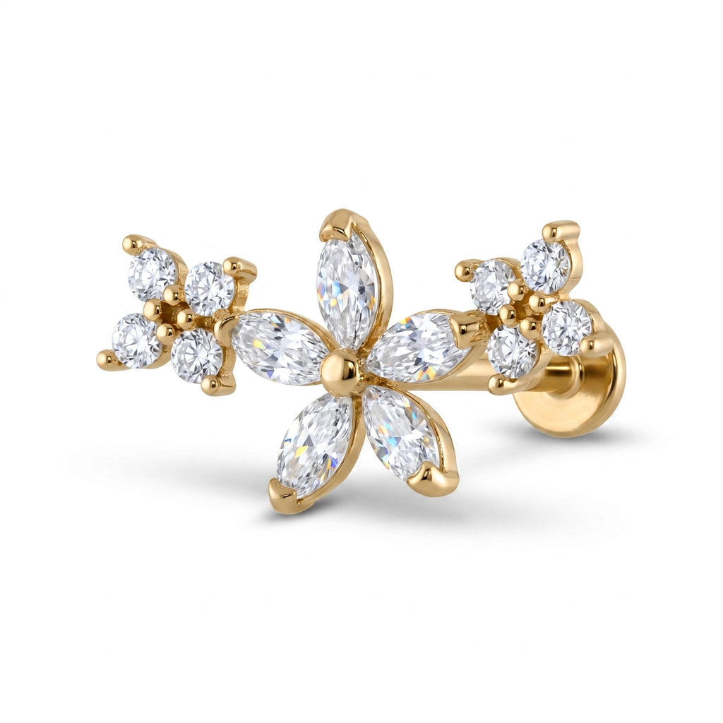 14K Solid Gold Floral CZ Cartilage Earring - Cubic zirconia, Yellow gold, Solid gold