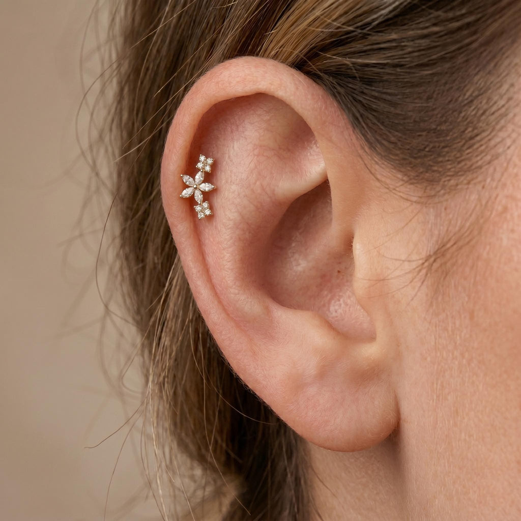 14K Solid Gold Floral CZ Cartilage Earring - Cubic zirconia, Yellow gold, Solid gold