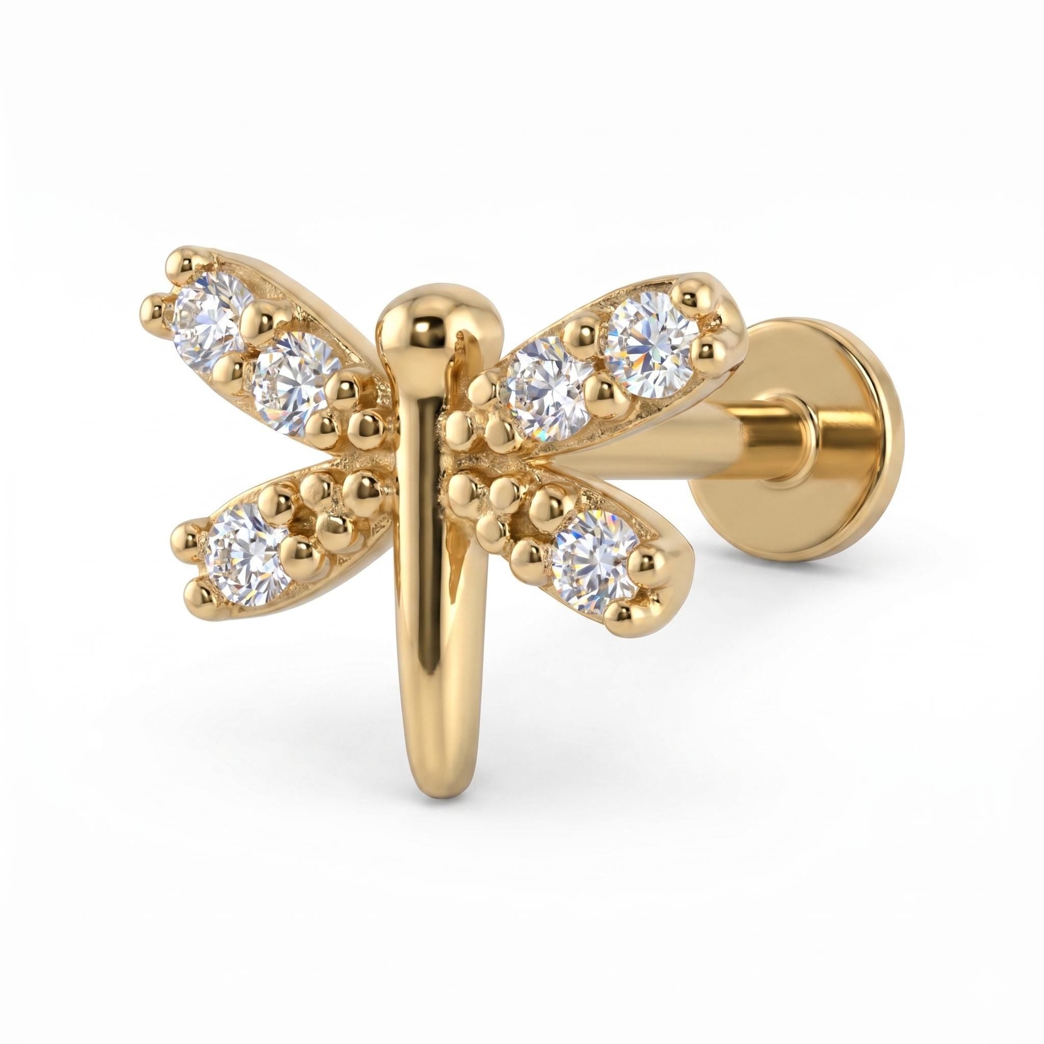 14K Solid Gold Dragonfly CZ Cartilage Earring - Cubic zirconia, Yellow gold, Solid gold