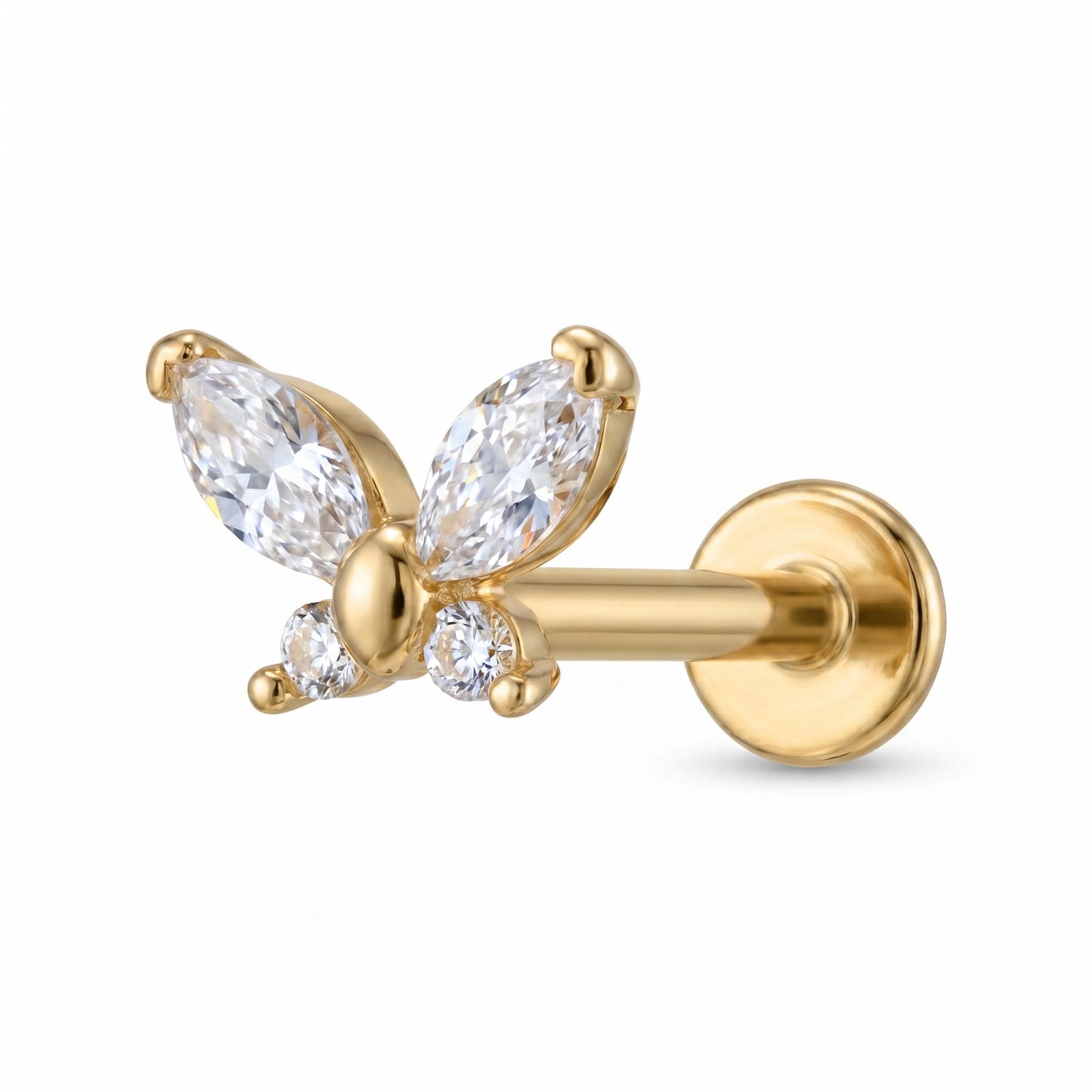 14K Solid Gold Butterfly CZ Cartilage Earring - Cubic zirconia, Yellow gold, Solid gold
