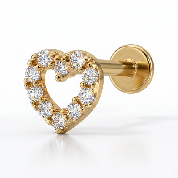 14K Solid Gold Heart CZ Cartilage Earring - Cubic zirconia, Yellow gold, Solid gold