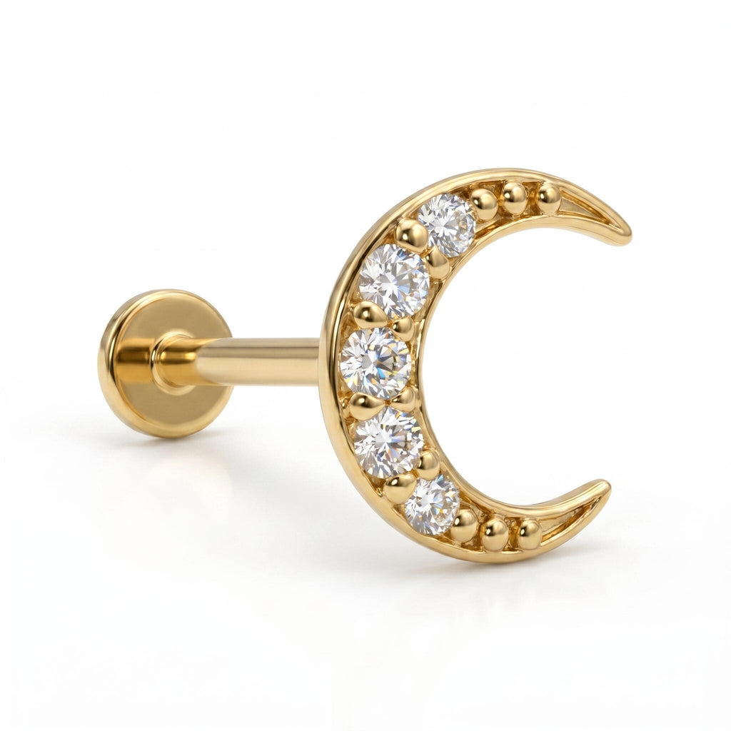 14K Solid Gold Crescent Moon CZ Cartilage Earring - Cubic zirconia, Yellow gold, Solid gold