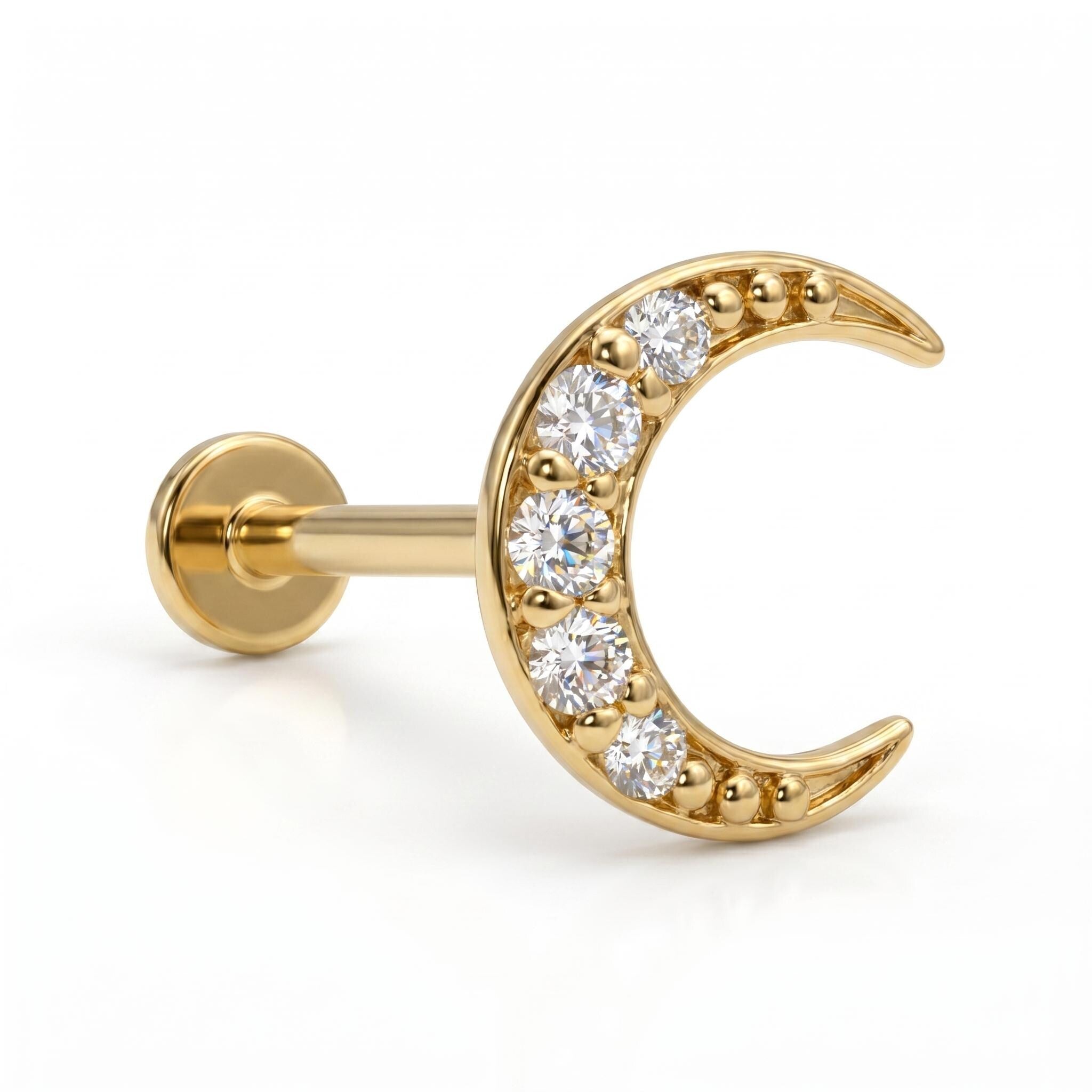 14K Solid Gold Crescent Moon CZ Cartilage Earring - Cubic zirconia, Yellow gold, Solid gold