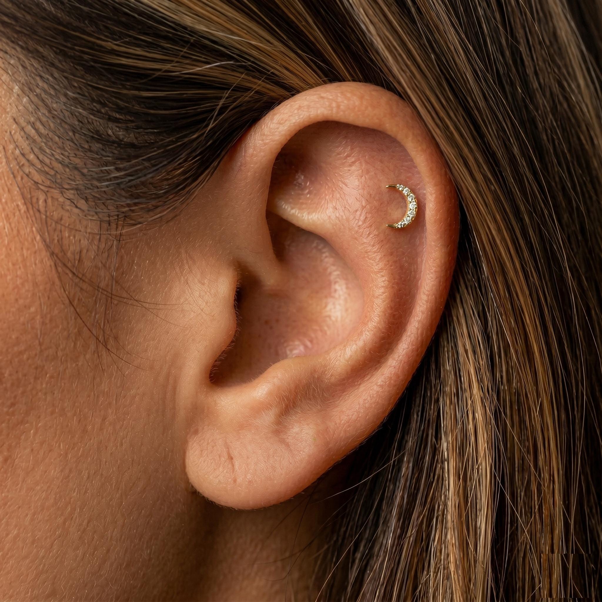 14K Solid Gold Crescent Moon CZ Cartilage Earring - Cubic zirconia, Yellow gold, Solid gold