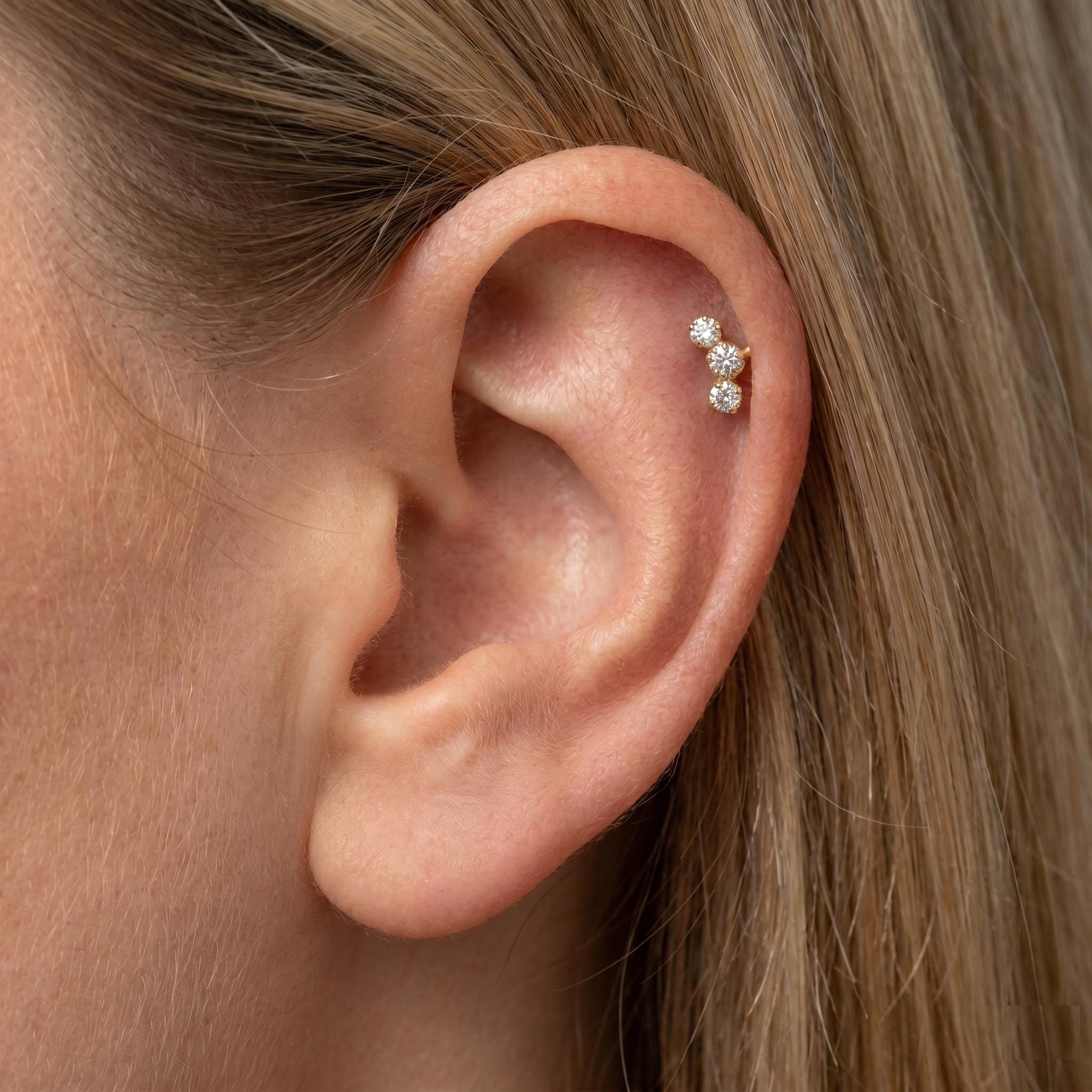 14K Solid Gold 3 Stone CZ Cartilage Earring - Cubic zirconia, Yellow gold, Solid gold
