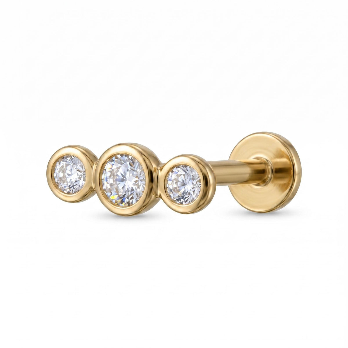 14K Solid Gold 3 Stone CZ Cartilage Earring - Cubic zirconia, Yellow gold, Solid gold