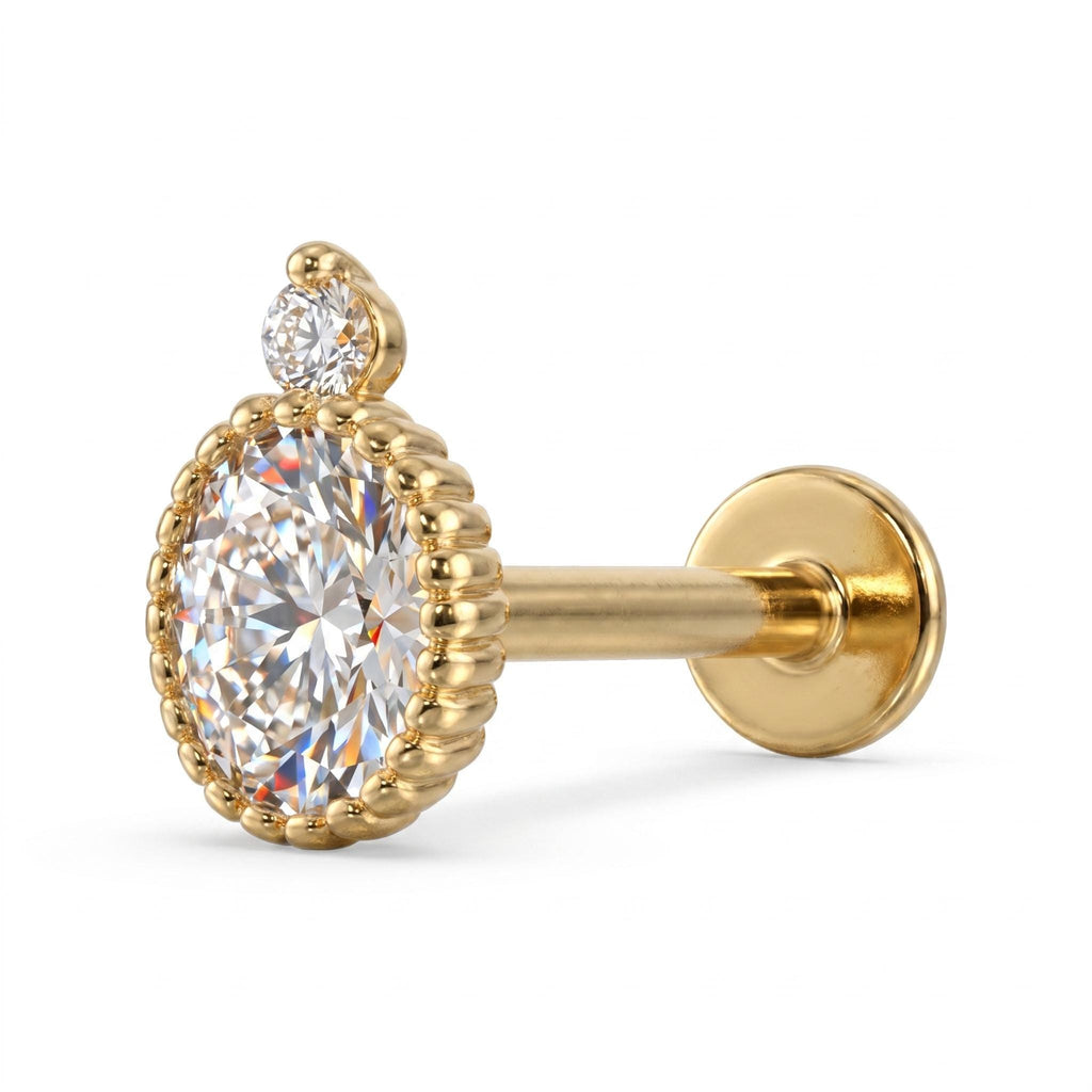 14K Solid Gold Oval CZ Cartilage Earring - Cubic zirconia, Yellow gold, Solid gold
