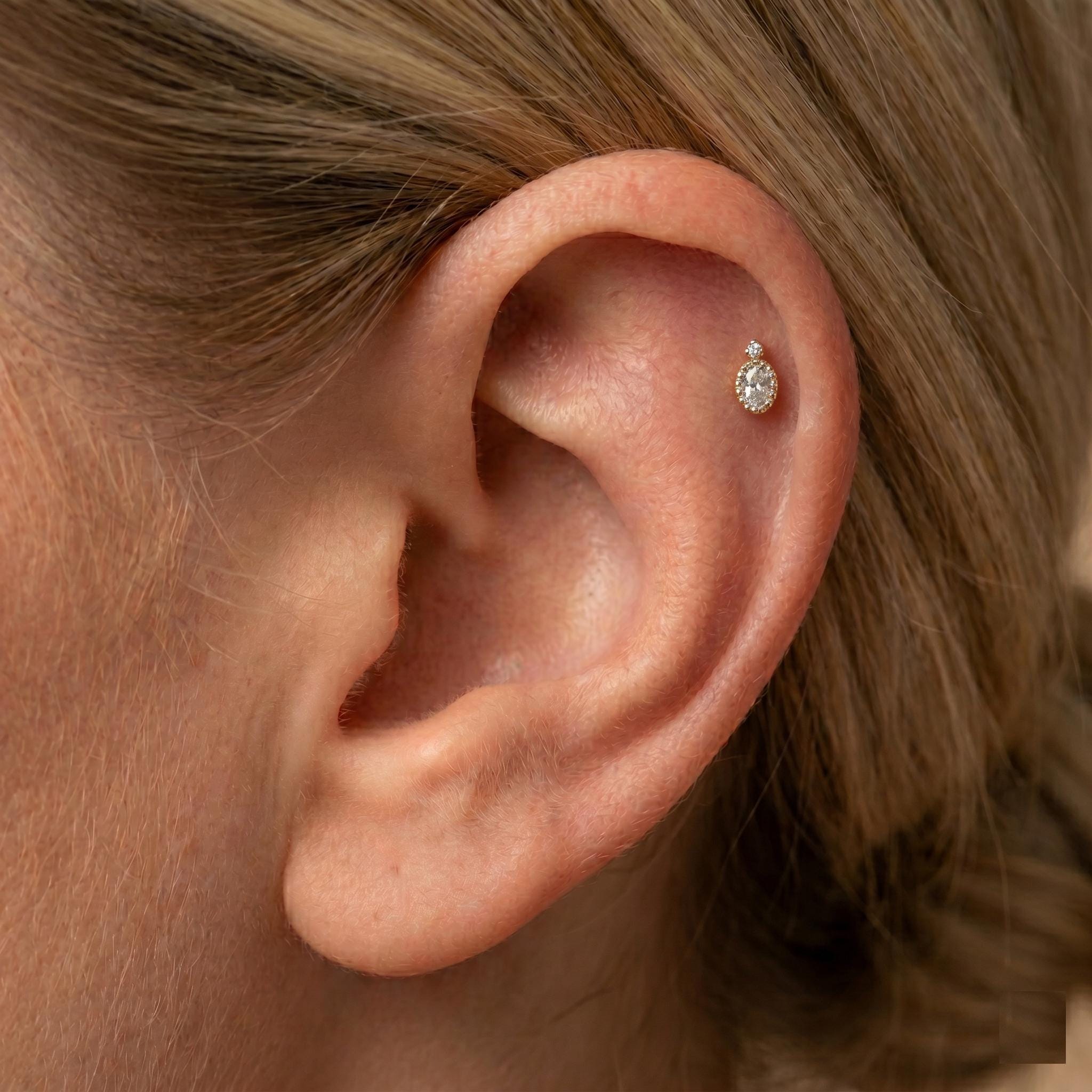 14K Solid Gold Oval CZ Cartilage Earring - Cubic zirconia, Yellow gold, Solid gold