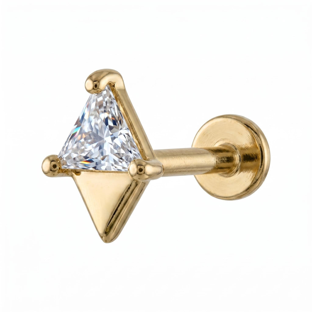 14K Solid Gold Triangle CZ Cartilage Earring - Cubic zirconia, Yellow gold, Solid gold