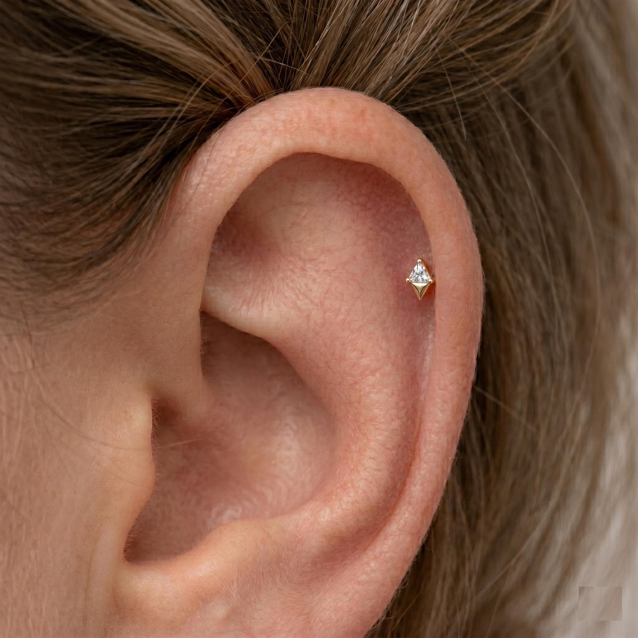 14K Solid Gold Triangle CZ Cartilage Earring - Cubic zirconia, Yellow gold, Solid gold